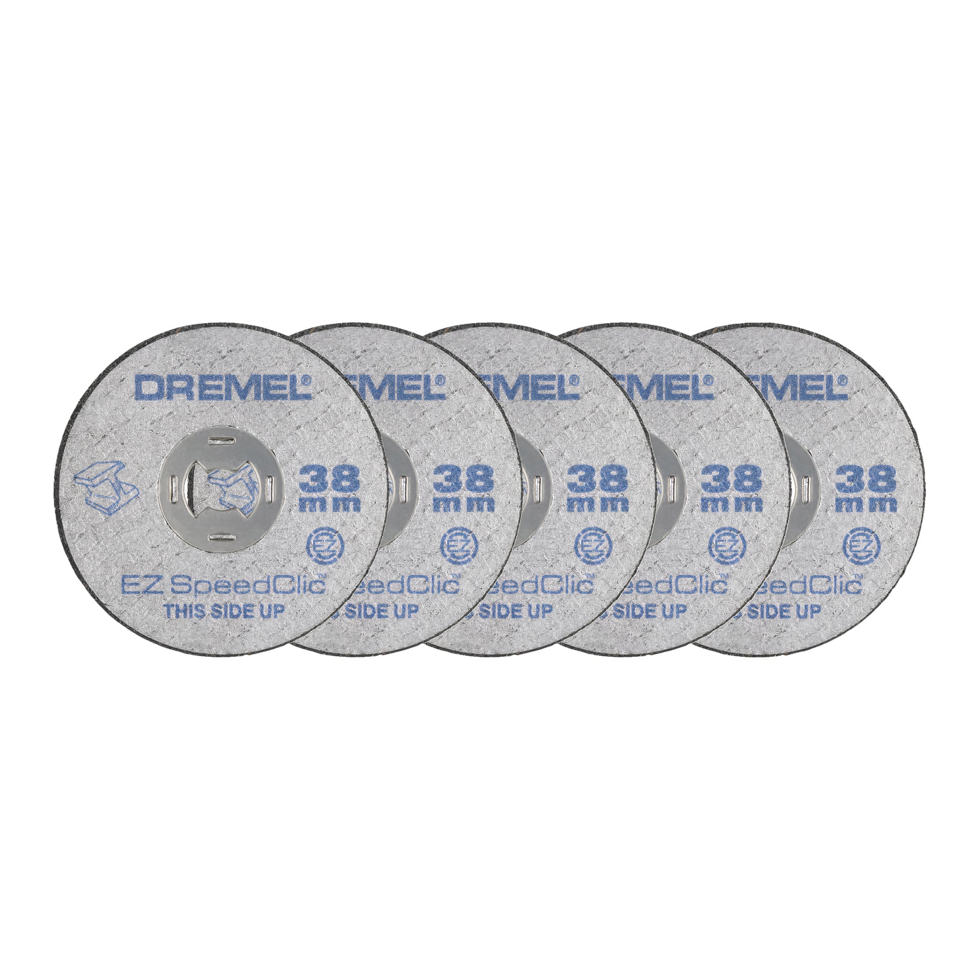 Fem Dremel SC456 SpeedClic-skärskivor från ett 5-pack är placerade bredvid varandra, där varje skiva visar texten "DREMEL 38 mm EZ SpeedClic THIS SIDE UP" på ytan.