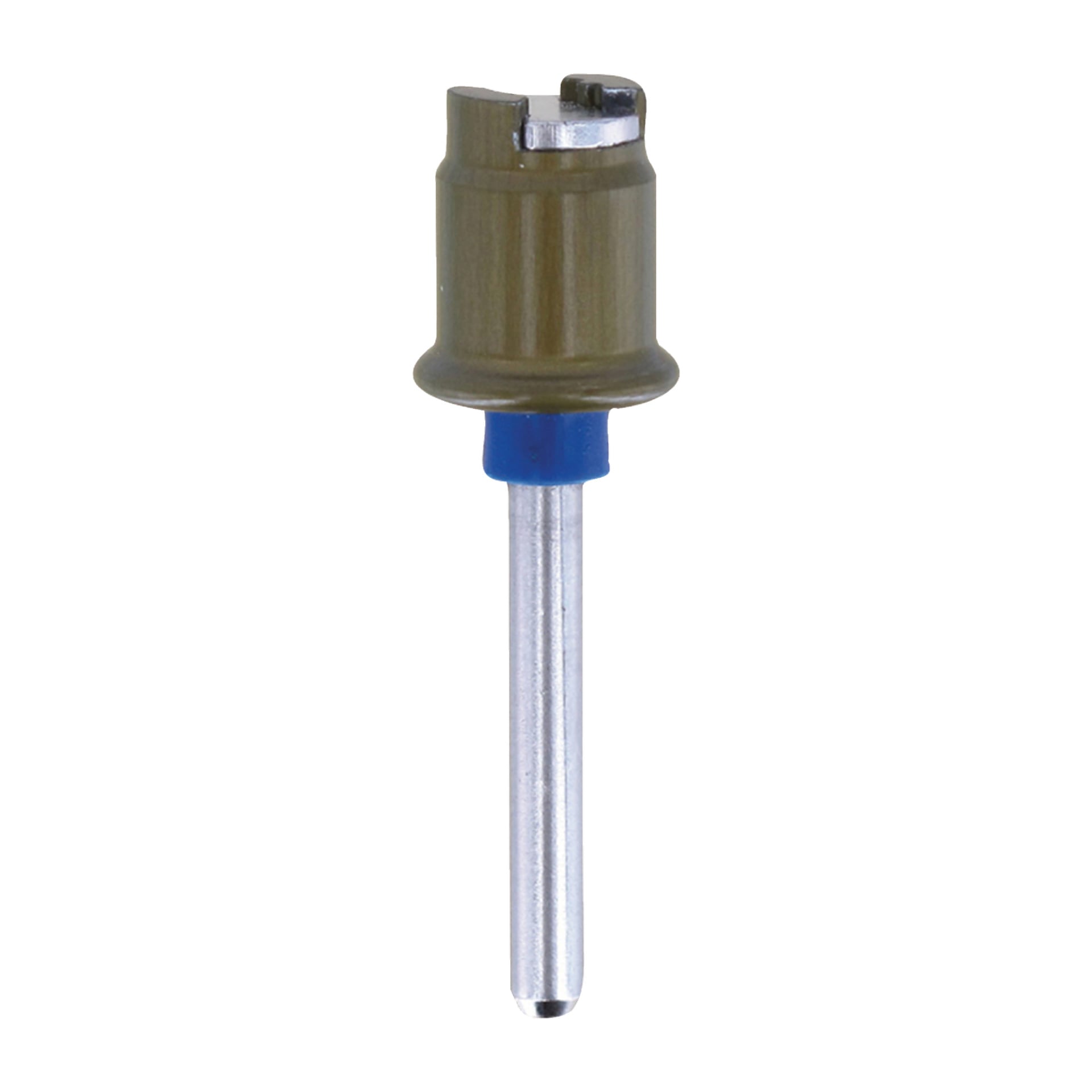 Ett Dremel Spindle SC402 SpeedClic roterande verktyg med en liten cylindrisk metallborr, brunt lock, blått band och silverskaft, designat för tandbehandlingar.