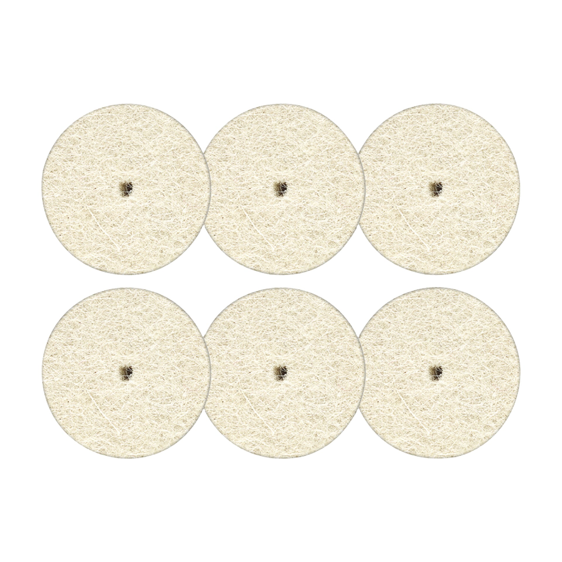 Sex cirkulära, offwhite Dremel Polishing Pad 414-pads av fibröst material är placerade i två rader om tre. Varje pad visar ett litet mörkt mittmärke, vilket antyder en fästpunkt eller markering.