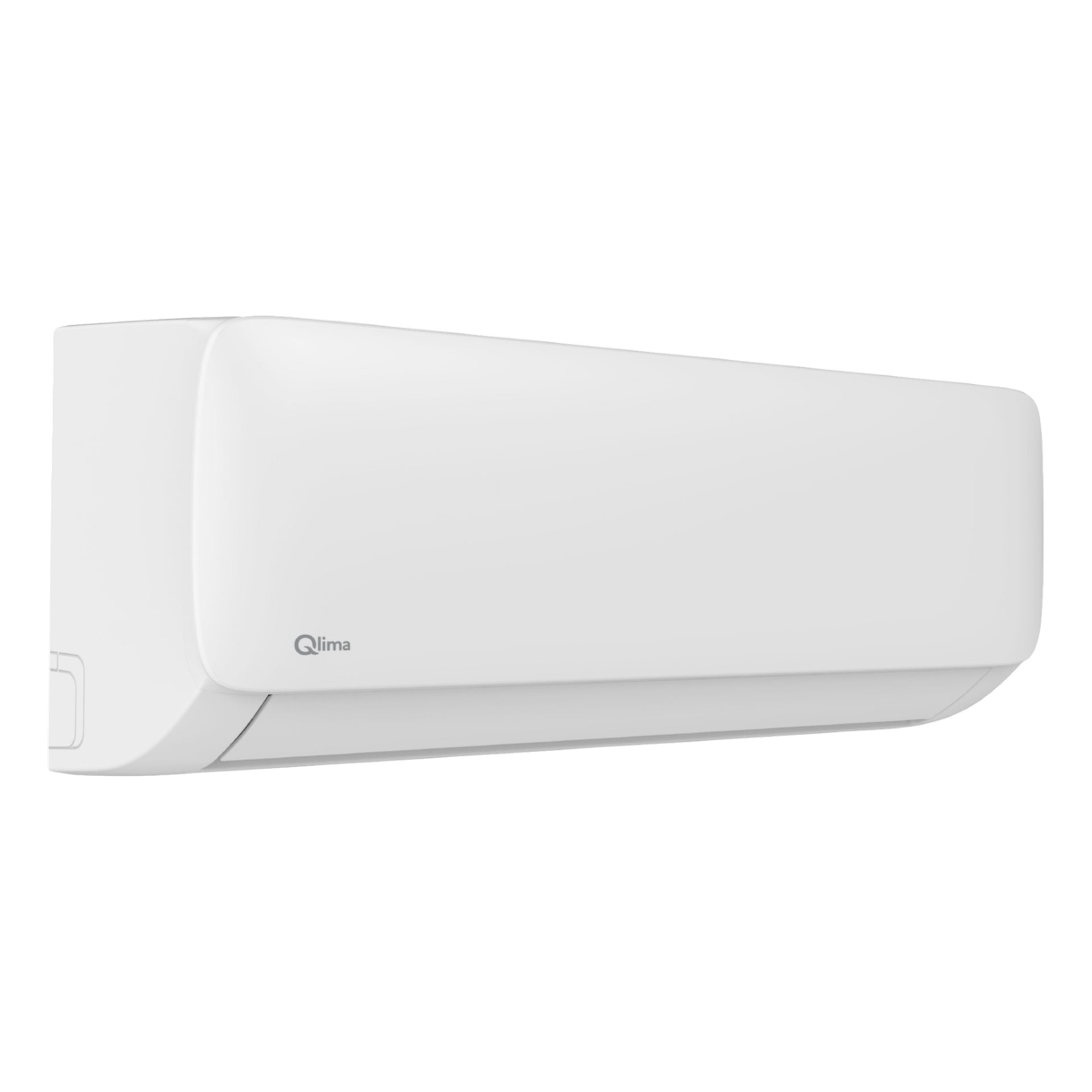 En slank, hvit veggmontert S-JA 3523 luftvarmepumpe viser et minimalistisk design, med Qlima-logoen synlig nederst til venstre på frontpanelet.