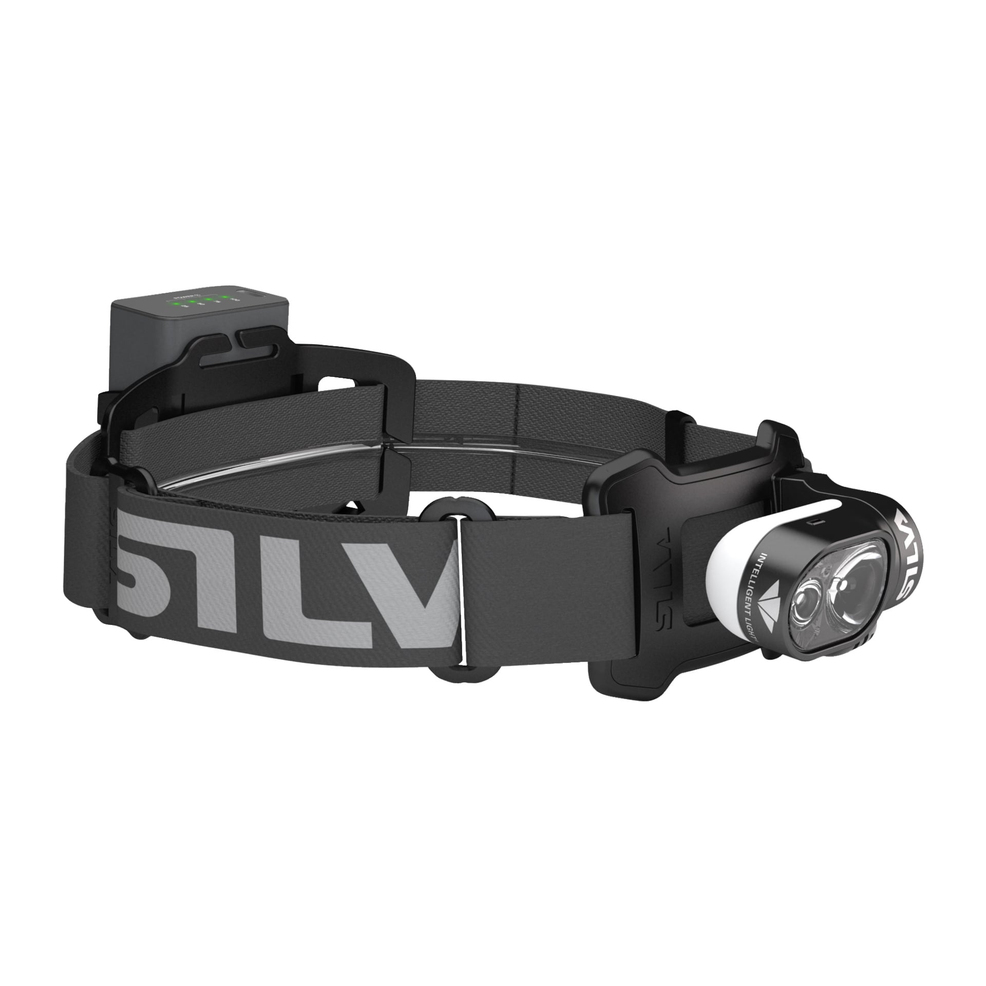 Die Cross Trail 6H wiederaufladbare Stirnlampe von Silva ist eine schwarze Stirnlampe mit zwei LEDs, einem verstellbaren Riemen mit der Aufschrift SILVA in großen weißen Buchstaben und einem wiederaufladbaren Batteriepack, das hinten befestigt ist.