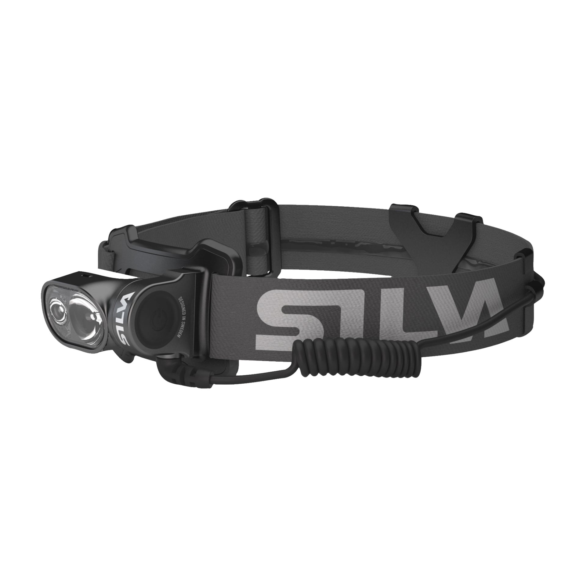 Der Cross Trail 6H von Silva ist eine schwarz-graue wiederaufladbare Stirnlampe mit verstellbarem Gurt, gewickeltem Draht und zwei LED-Lichtern. Das Armband zeigt SILVA in auffälliger Lichtschrift.