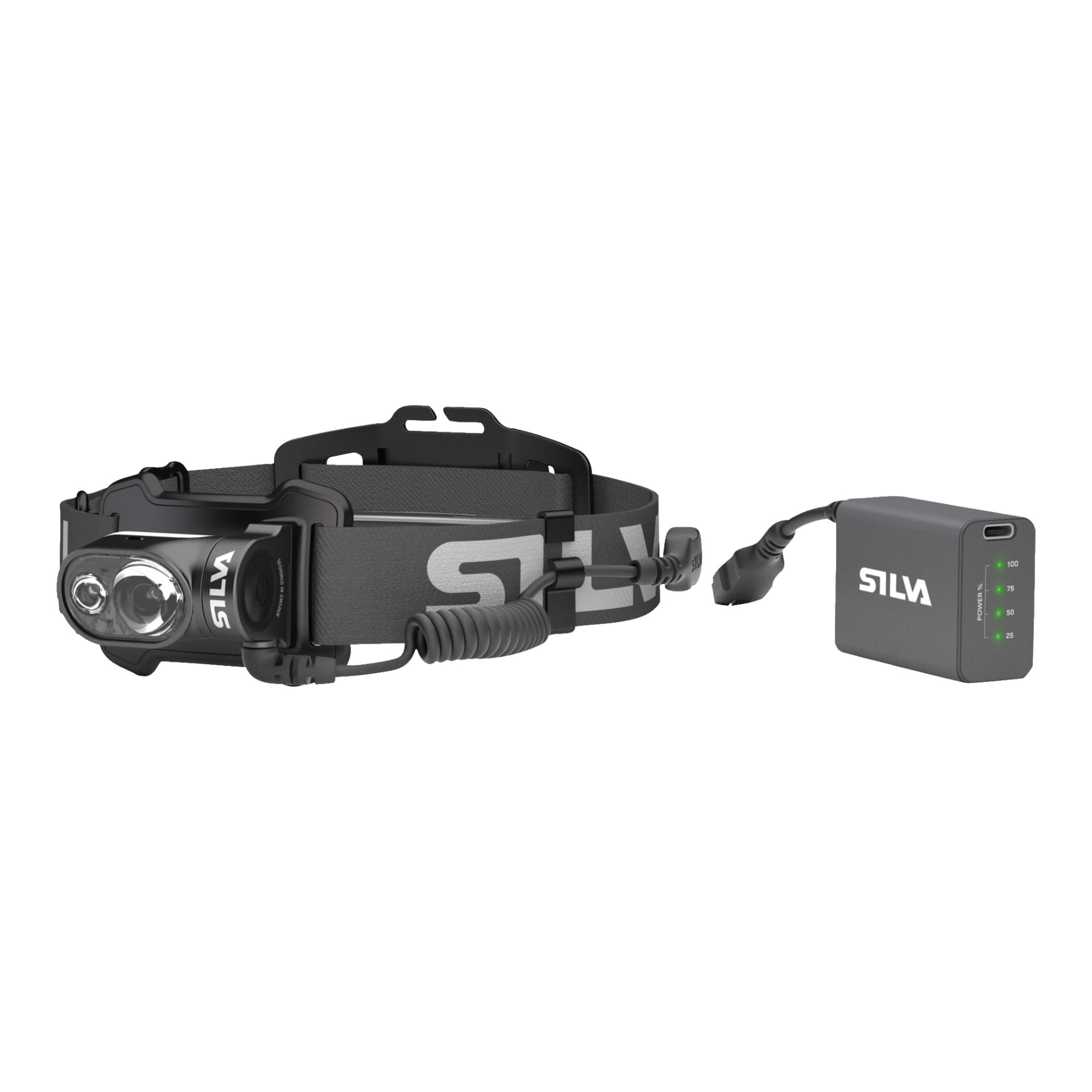 Eine schwarze Silva Cross Trail 6H wiederaufladbare Stirnlampe mit verstellbarem Gurt und gewickeltem Kabel befindet sich neben einem kompakten Silva-Akkupack mit LED-Indikatorleuchten und einem Stromkabel.