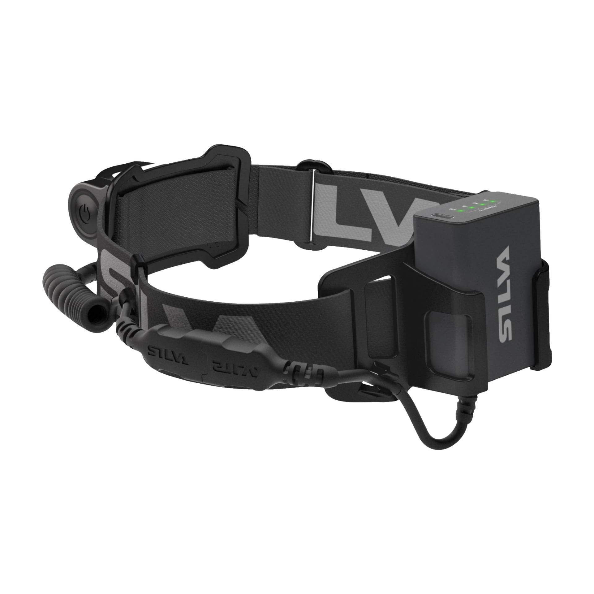 Die wiederaufladbare Stirnlampe Cross Trail 6H von Silva hat ein schwarz-graues Aussehen mit einem verstellbaren Gurt, einem externen Akkupack mit vier grünen Kontrollleuchten, freiliegender Verkabelung, einem Power-Knopf und dem Wort SILVA.