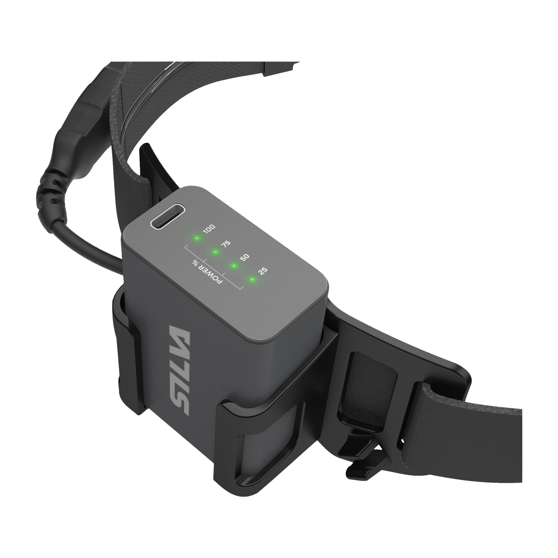 Eine detaillierte Ansicht eines wiederaufladbaren Silva-Kopflampen-Cross Trail 6H-Akkupacks mit LED-Anzeigen und einem Ladeanschluss, befestigt an einem schwarzen, verstellbaren Gurt mit Schnalle. Der Produkttext lautet: Silva Rechargeable Cross Trail 6H.