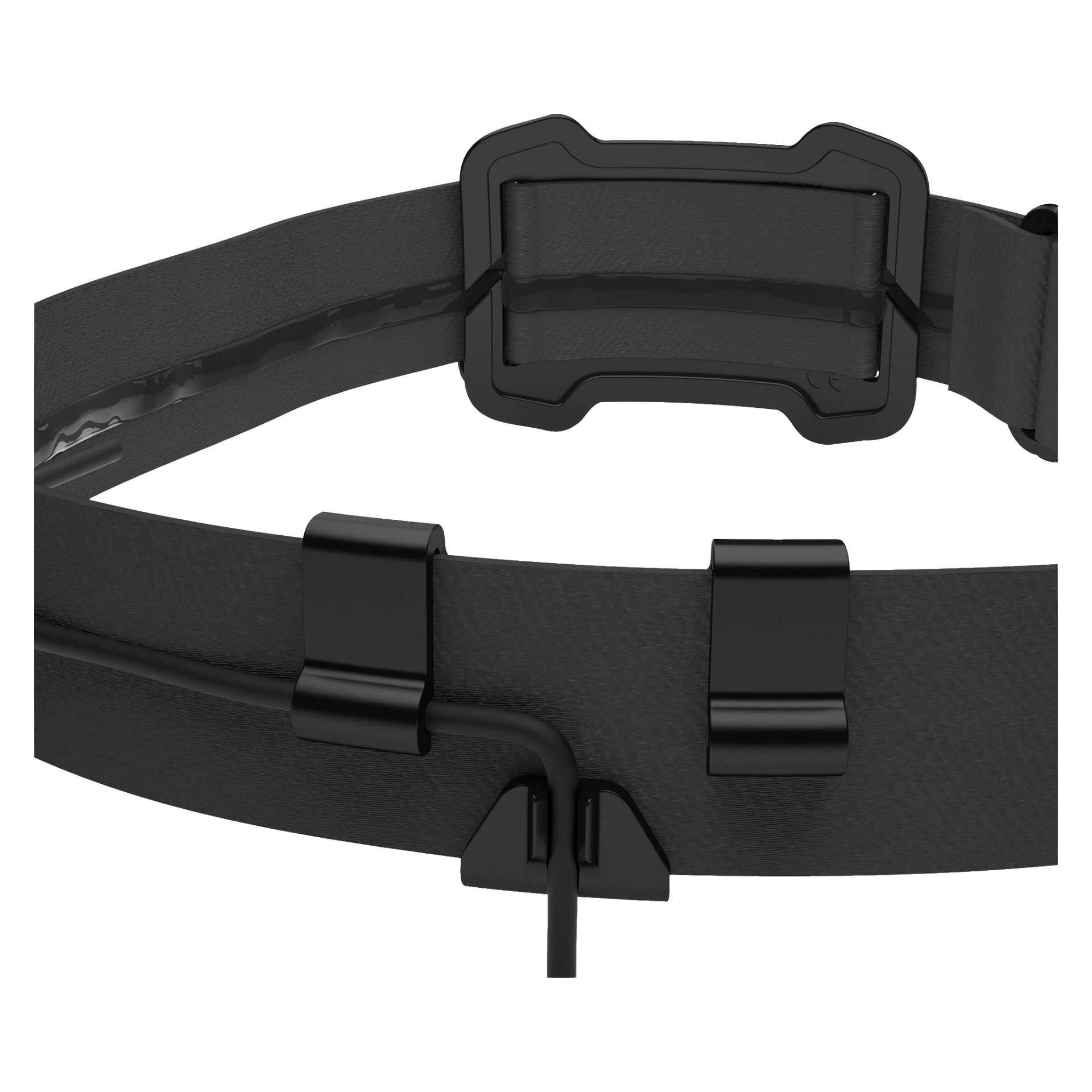 Nahaufnahme der wiederaufladbaren Stirnlampe Cross Trail 6H von Silva, mit einem schwarzen, verstellbaren synthetischen Gurt mit rechteckiger Schnalle und zwei Verschieberclips, von denen einer ein Kabel am unteren Rand hält.