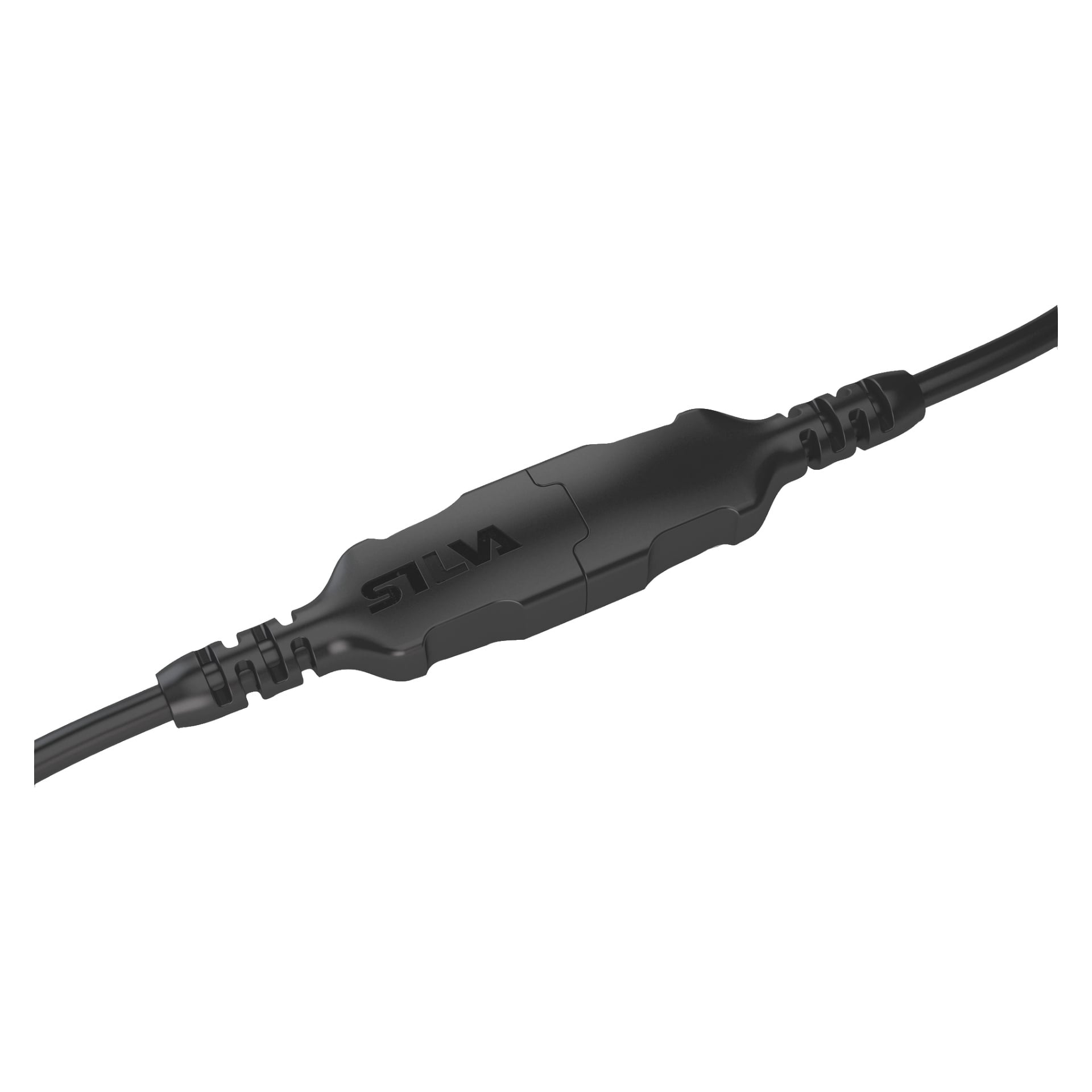 Eine Nahaufnahme eines schwarzen Inline-Steckers, der zwei schwarze Kabel verbindet, mit dem sichtbaren Branding Silva für die wiederaufladbare Stirnlampe Cross Trail 6H.