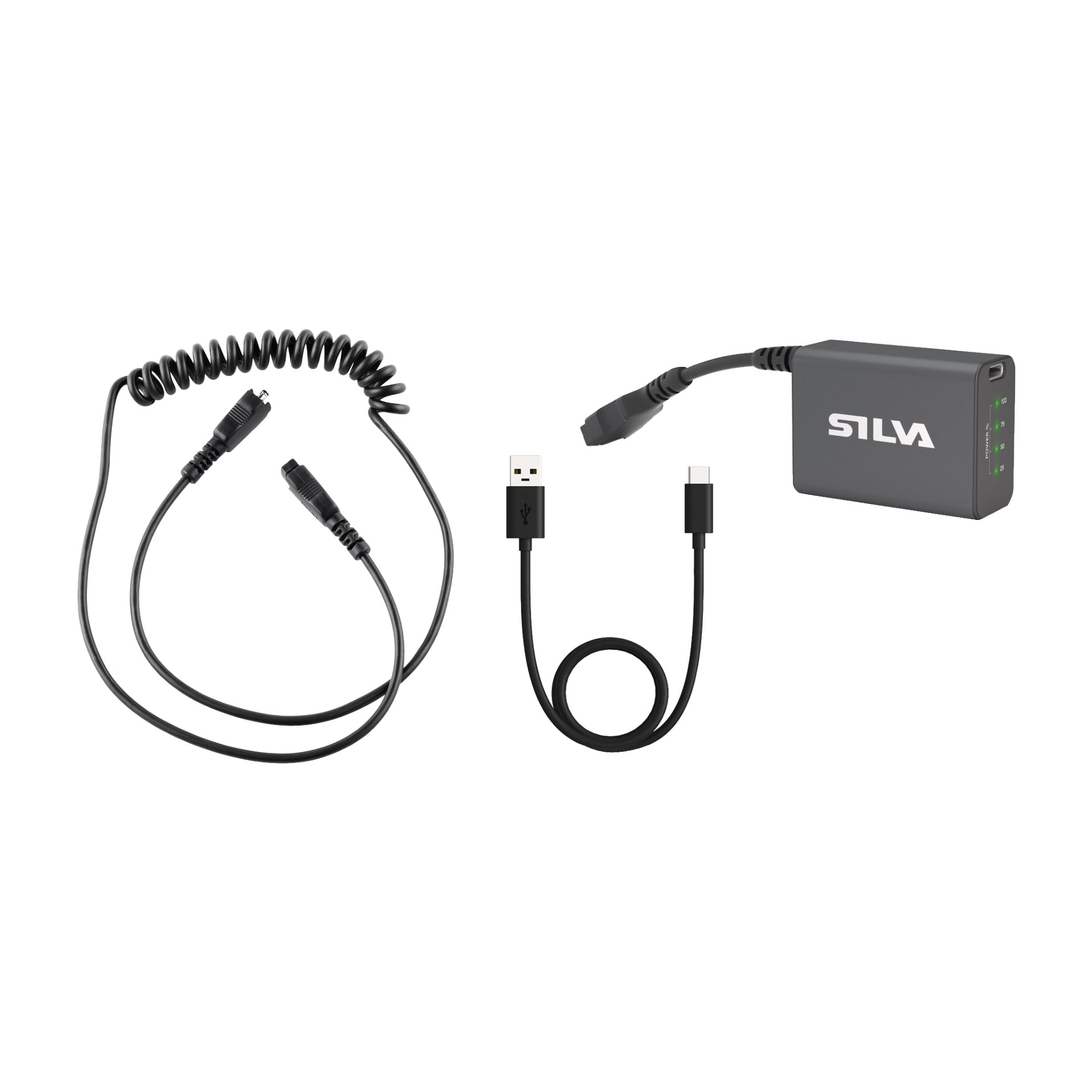 In der Verpackung: aufgerolltes schwarzes Kabel mit Steckverbindern, direktes USB-A-zu-USB-C-Kabel in Schwarz und ein graues SILVA-Gerät mit Warnleuchten. Dies sind Zubehörteile für die Silva Rechargeable Stirnlampe Cross Trail 6H.
