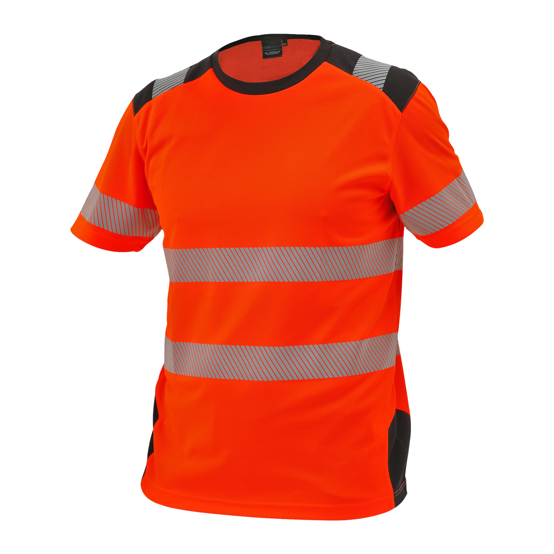 En klarorange Bluewear kortärmad tröja med två silverreflektiva ränder runt bålen och svarta detaljer på kragen, axlarna och sidorna.