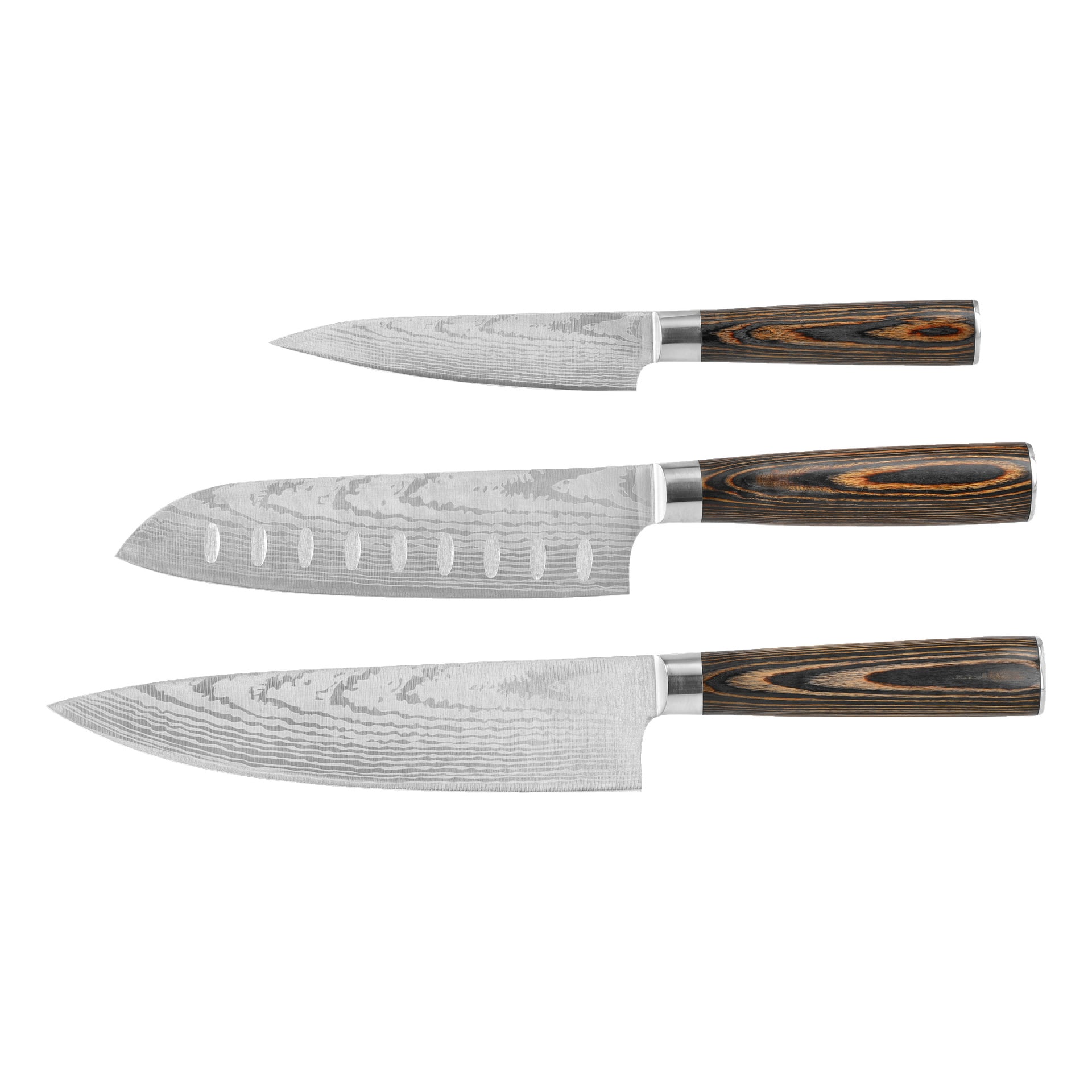 Tre knivar från Menuett Knife Set 3 Pieces är uppradade horisontellt. Bladen är gjorda av damaskusstål och visar upp sina karakteristiska träådringsmönster, och varje handtag är polerat trä med kontrasterande mörka och ljusa strimmor.