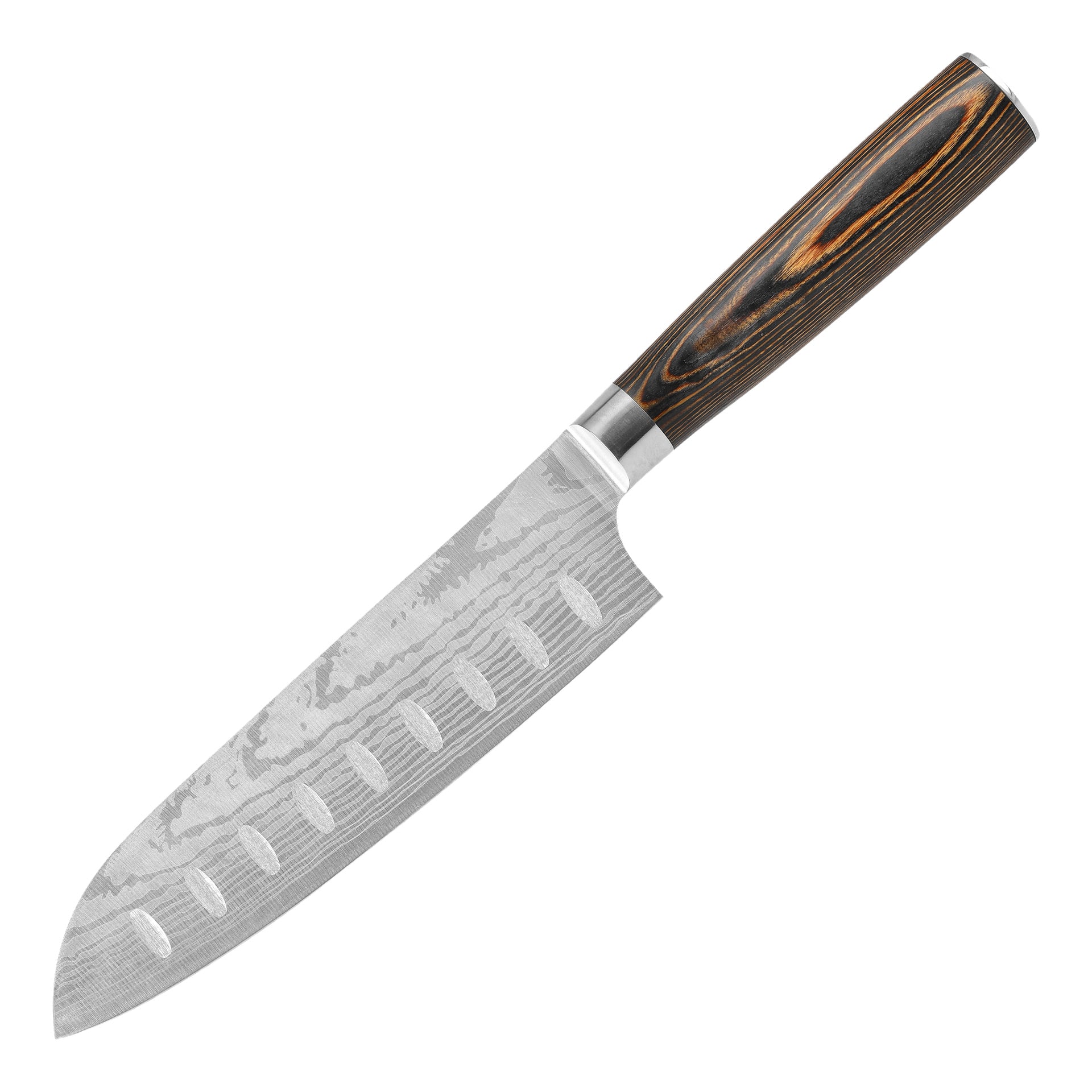 Ett tredelat Menuett-knivset med blad i rostfritt stål som har mönstrade yta och bruna trähandtag.