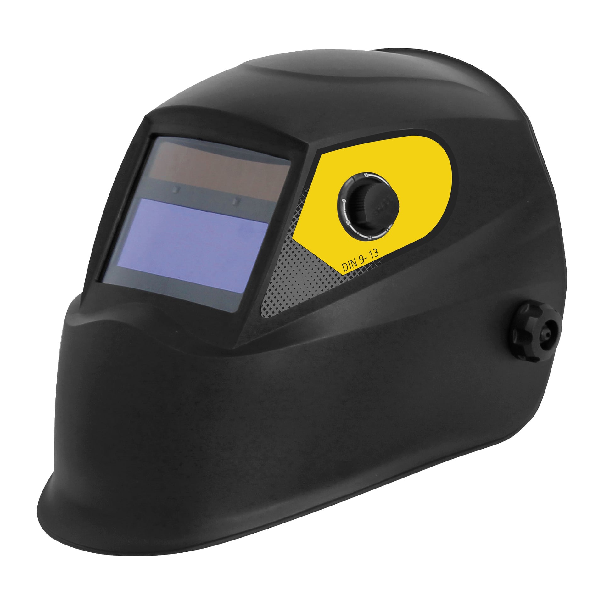 Svart Stanley Welding hjelm 2000E med rektangulært objektiv og en gul kontrollknapp merket DIN 9-13.