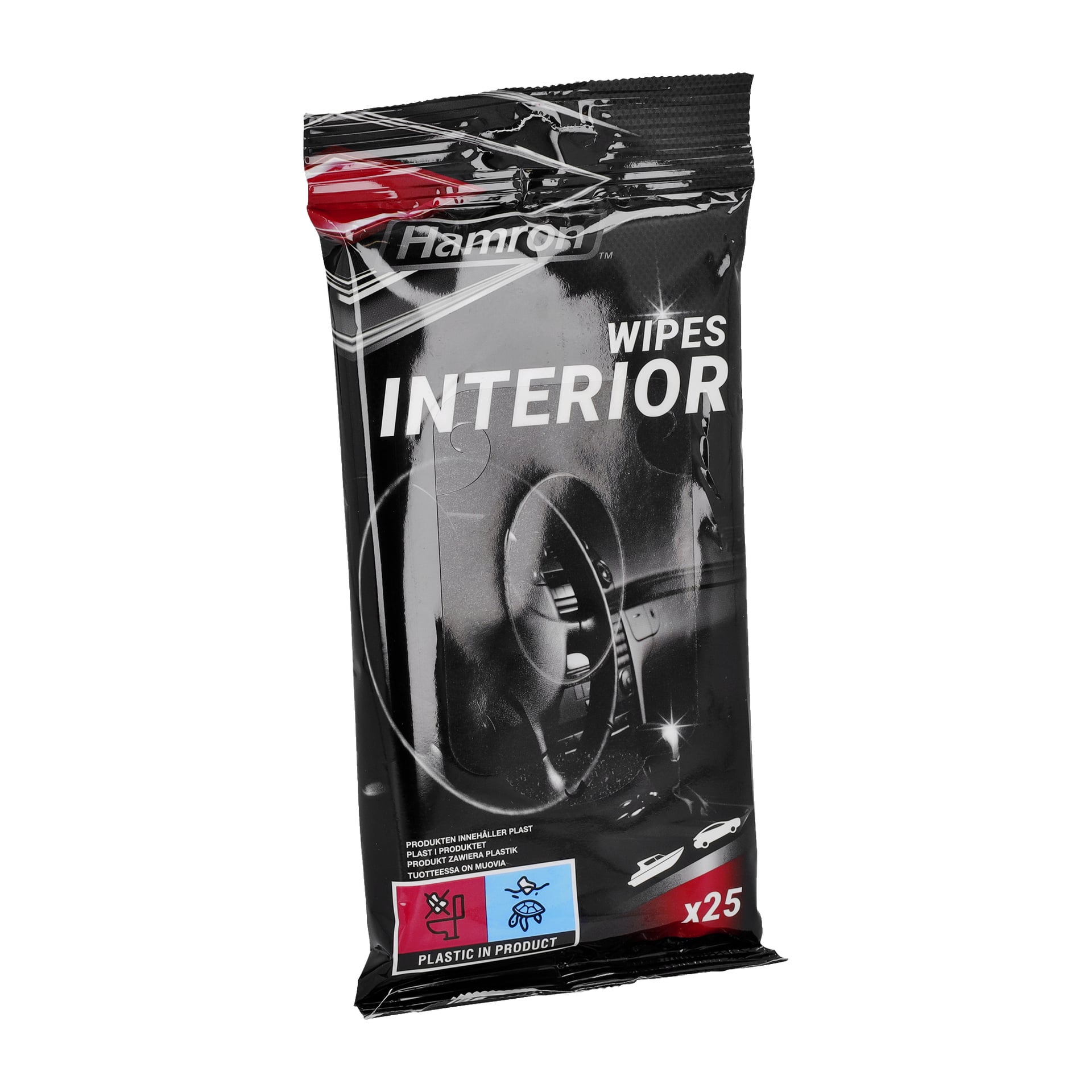 En svart plastpakke med Hamron Cleaning cloths for interiør 25-pakke, med rattgrafikk. Emballasjen viser hvit og rød tekst og ikoner, inkludert uttrykket for bilinteriør.
