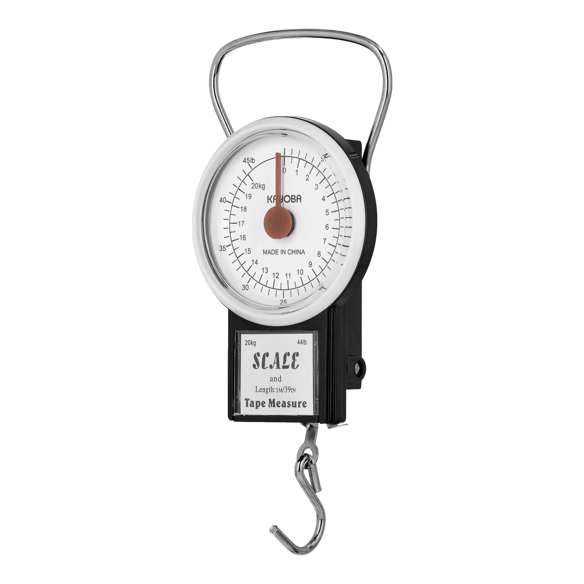 En Kayoba fiskevåg med en cirkulär tavla som visar mått i både kilogram och pund, utrustad med ett metallhandtag ovanför och en metallkrok nedanför. Urtavlan visar en vikt nära 9 kilogram.