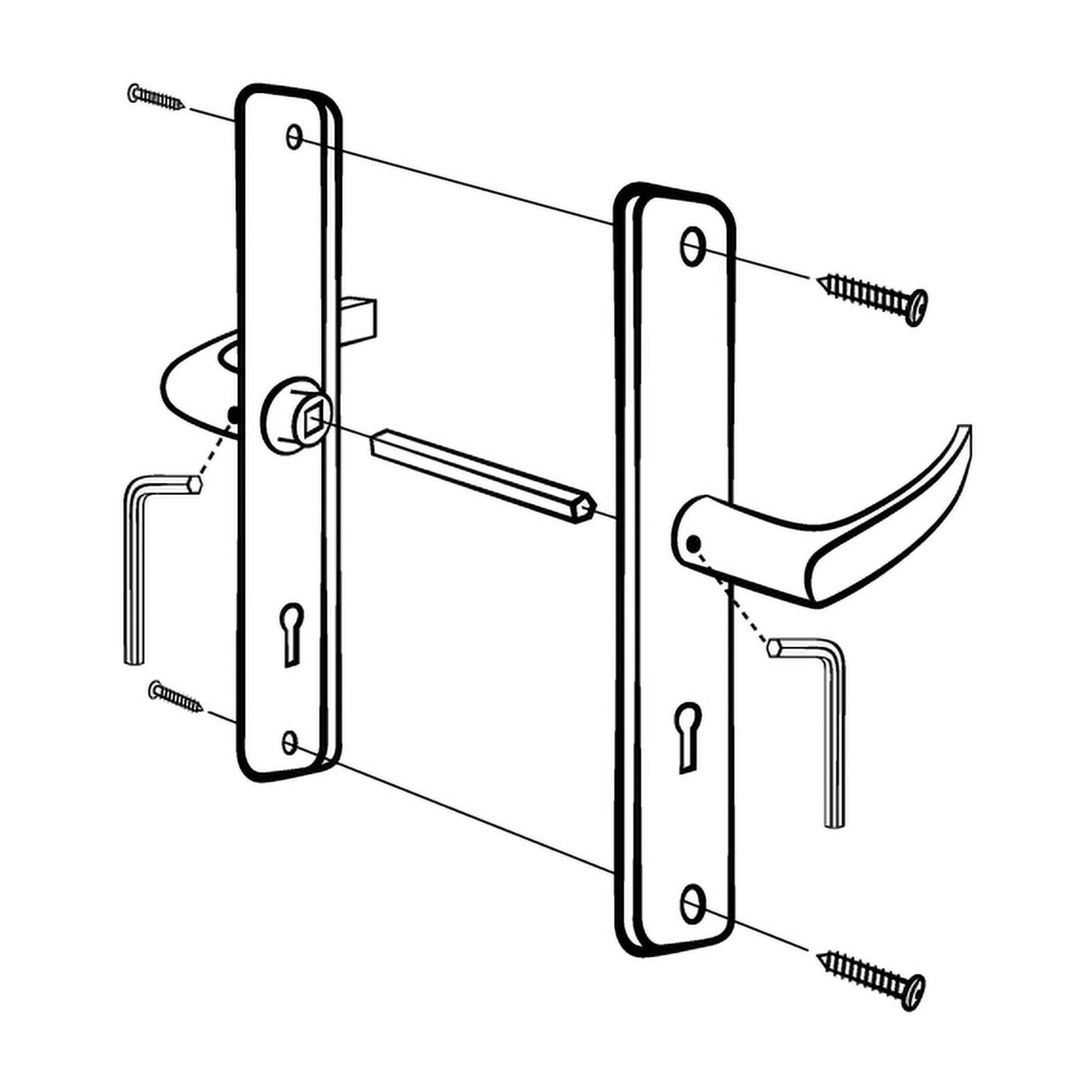 Explodierte Linienzeichnung des Hard Head Interior Türgriffs C Chrombau, die zwei Platten, zwei Griffe, eine quadratische Spindel, Schrauben und zwei Inbusschlüssel zeigt, die den Montageprozess und die Verbindung jedes Bauteils zeigen.