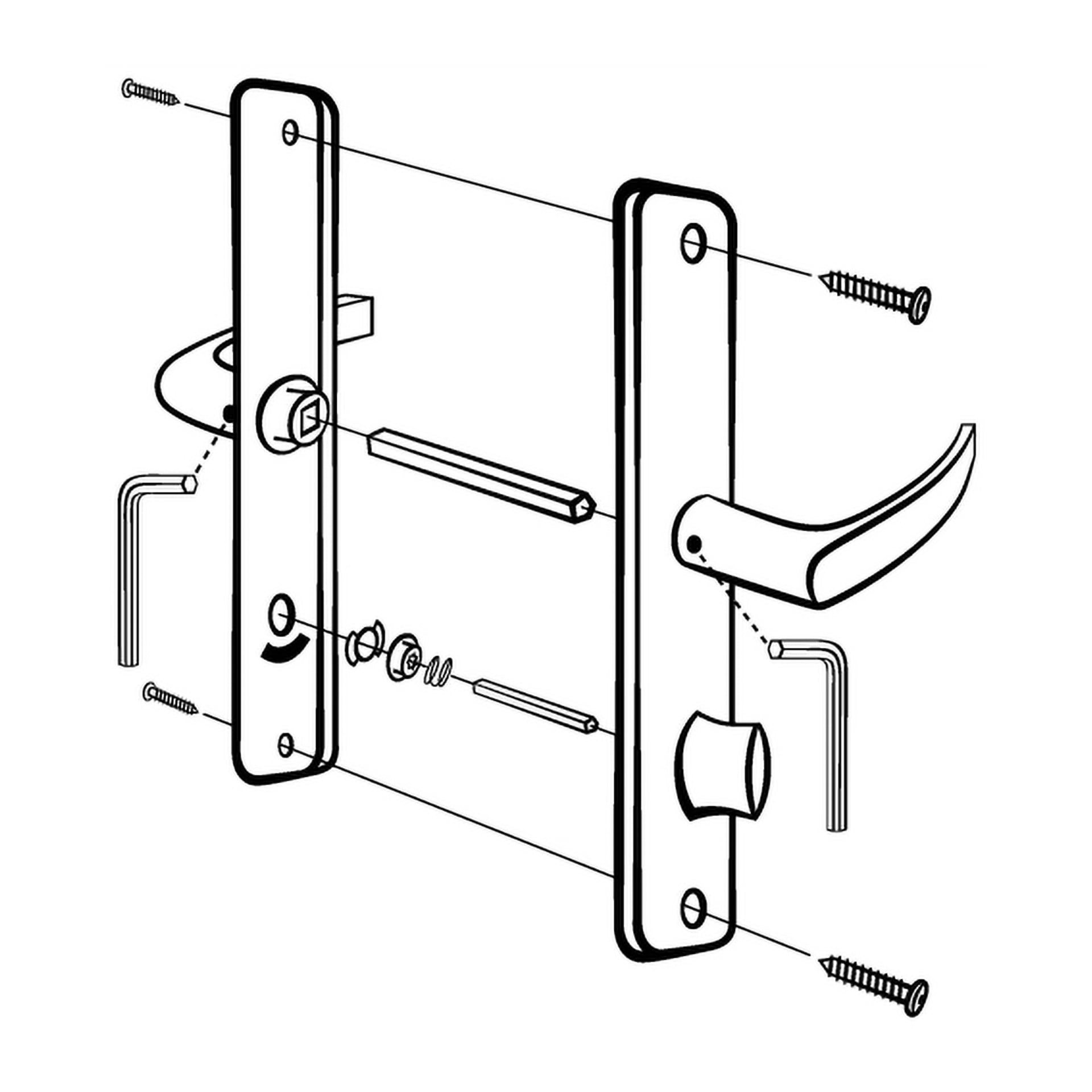 Explodiertes schwarz-weißes Diagramm eines Hard Head Innentürgriffs mit WC-Knauf C Chrom, das jede einzelne Komponente zeigt, wie die beiden Platten, den Griff, den Riegelmechanismus, die Schrauben, die quadratische Spindel, Unterlegscheiben, die Feder und die Inbusschlüssel.