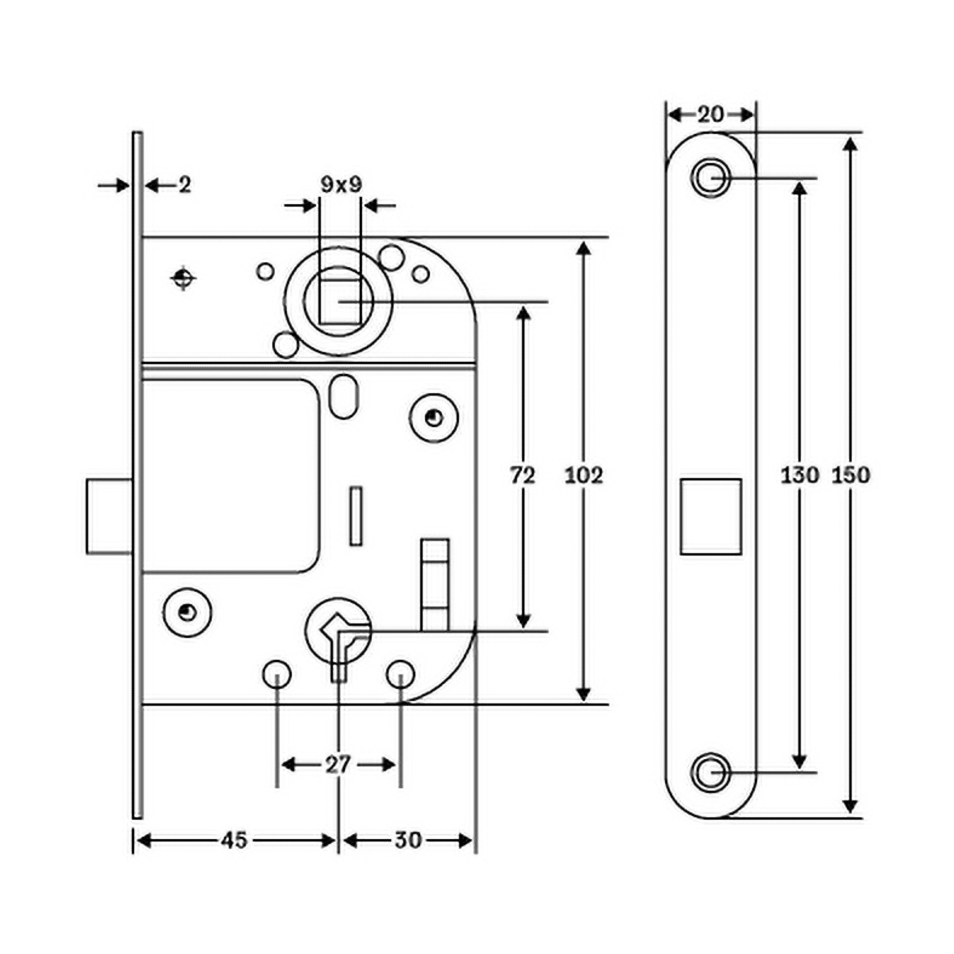 Detaljert teknisk diagram over Hard Head Lock-huset for innerdøren 2020, som viser både front- og sideperspektiv med alle dimensjoner i millimeter. Tegningen fremhever plasseringen av nøkkelhullet, spindelen og skruene, og inkluderer mange målinger og avstandsindikasjoner representert med piler.