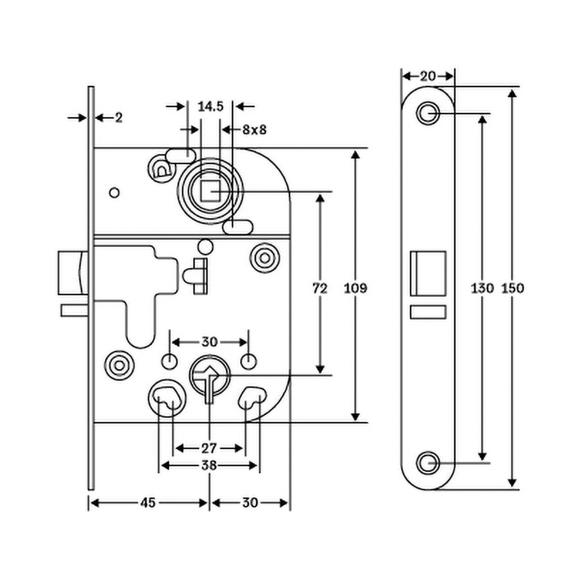 Detaljerad teknisk illustration av Hard Head Lock-höljet för innerdörren 2014, som visar både fram- och sidovyer med mått i millimeter. Ritningen markerar placeringen av huvudkomponenterna och placeringen av skruvhål som behövs för installationen.