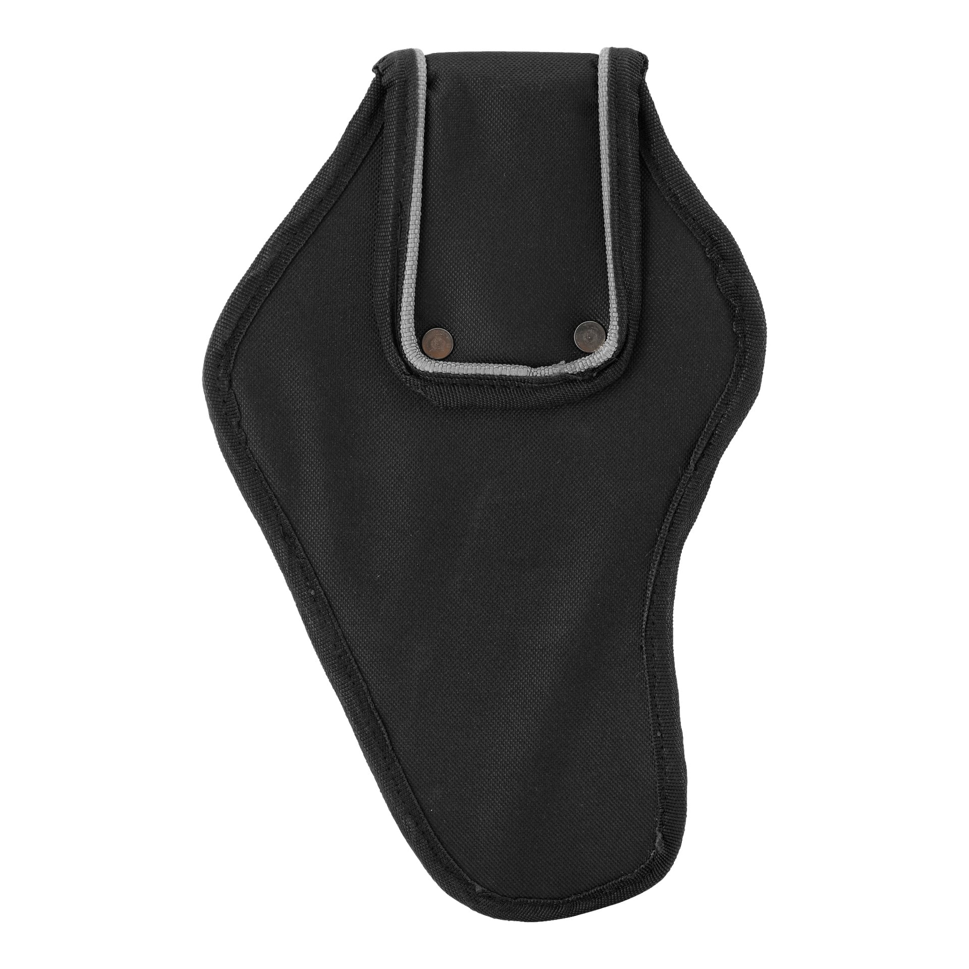 Ein konturiertes schwarzes Bluewear-Bohrholster aus Stoff, mit hellgrauem Rand und einer Klappe, die mit zwei Metalldruckknöpfen befestigt ist, geeignet zum Halten eines Werkzeugs oder kompakten Geräts.