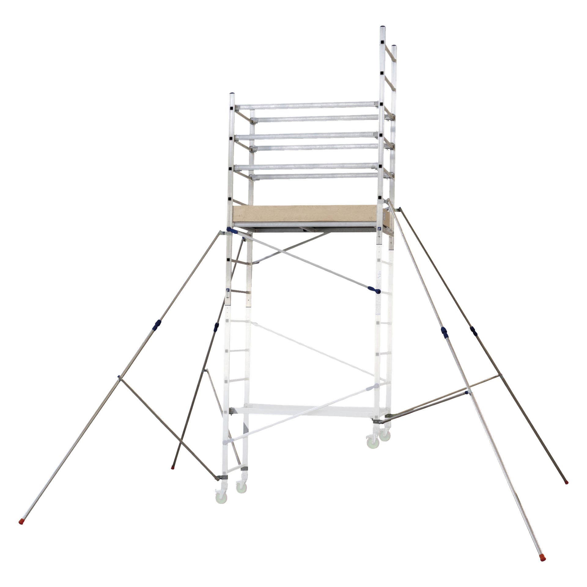 Facas Scaffolding är ett portabelt aluminiumtorn utrustat med en arbetsplattform, säkerhetsräcken och fyra stabiliserande utligare utrustade med hjul för säker upphöjd åtkomst.