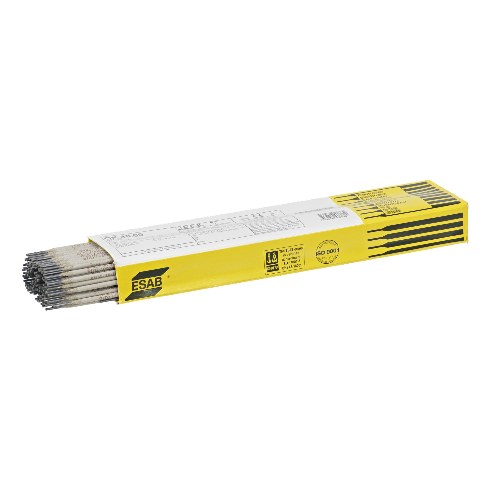 Żółte pudełko ESAB oznaczone jako "Basic welding electrodes OK 48.00" zawiera elektrody spawalnicze, z których niektóre wystają; Opakowanie zawiera tekst oraz różne certyfikaty z certyfikatami.
