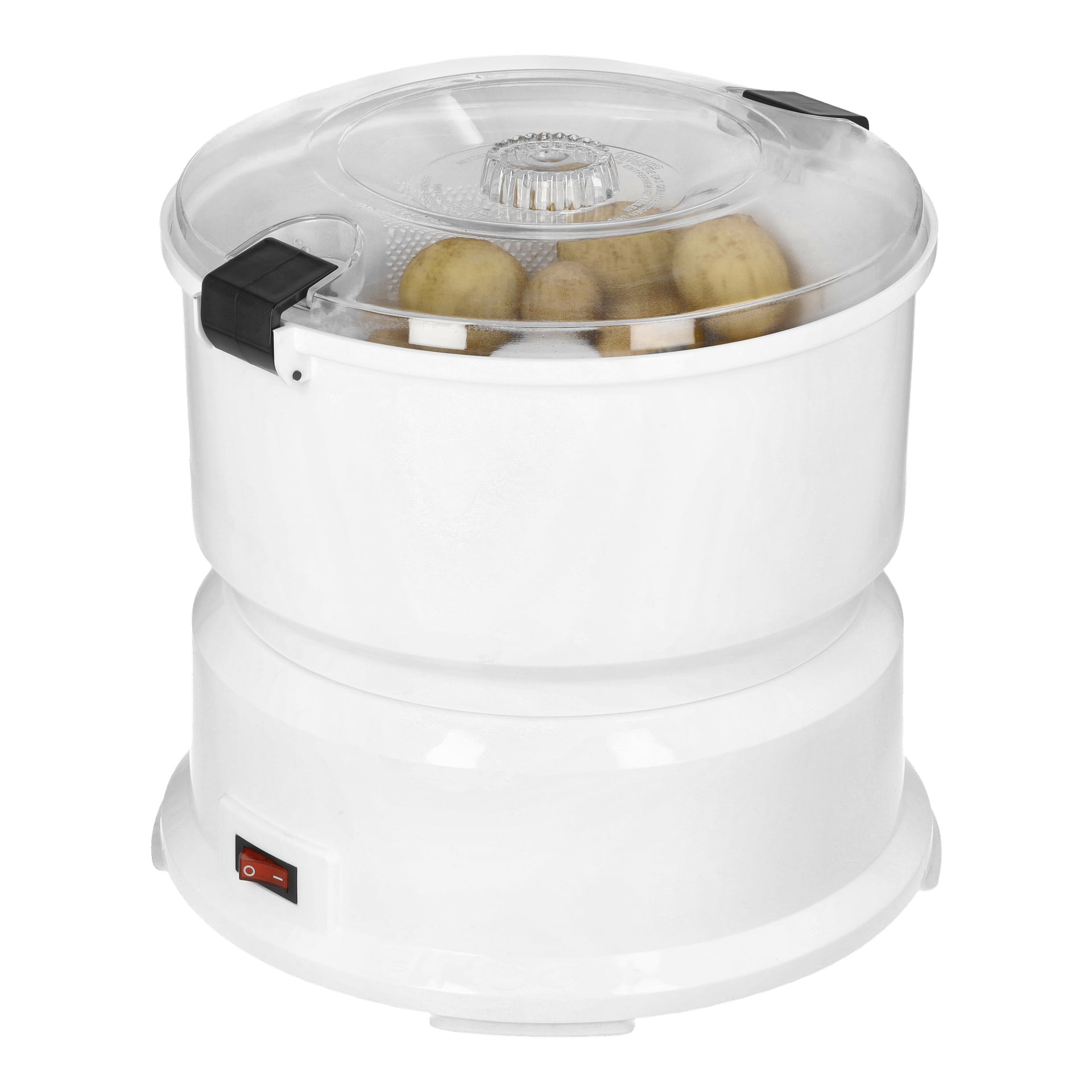 En vit elektrisk potatisskalare med ett genomskinligt lock som visar hela potatisar inuti. Apparaten har en röd strömknapp på basen och svarta klämmor som håller locket på plats.