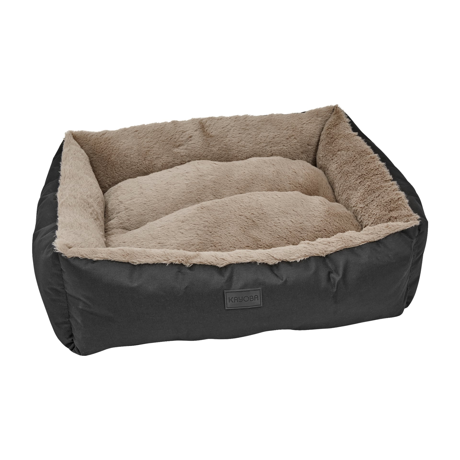 Kayoba Dog Bed är rektangulär med höga, mjuka, luddiga sidor och en vadderad bas. Dess yttre är svart tyg, medan insidan är fodrad med ljusbeige fuskpäls. Framsidan visar en liten Kayoba-etikett.