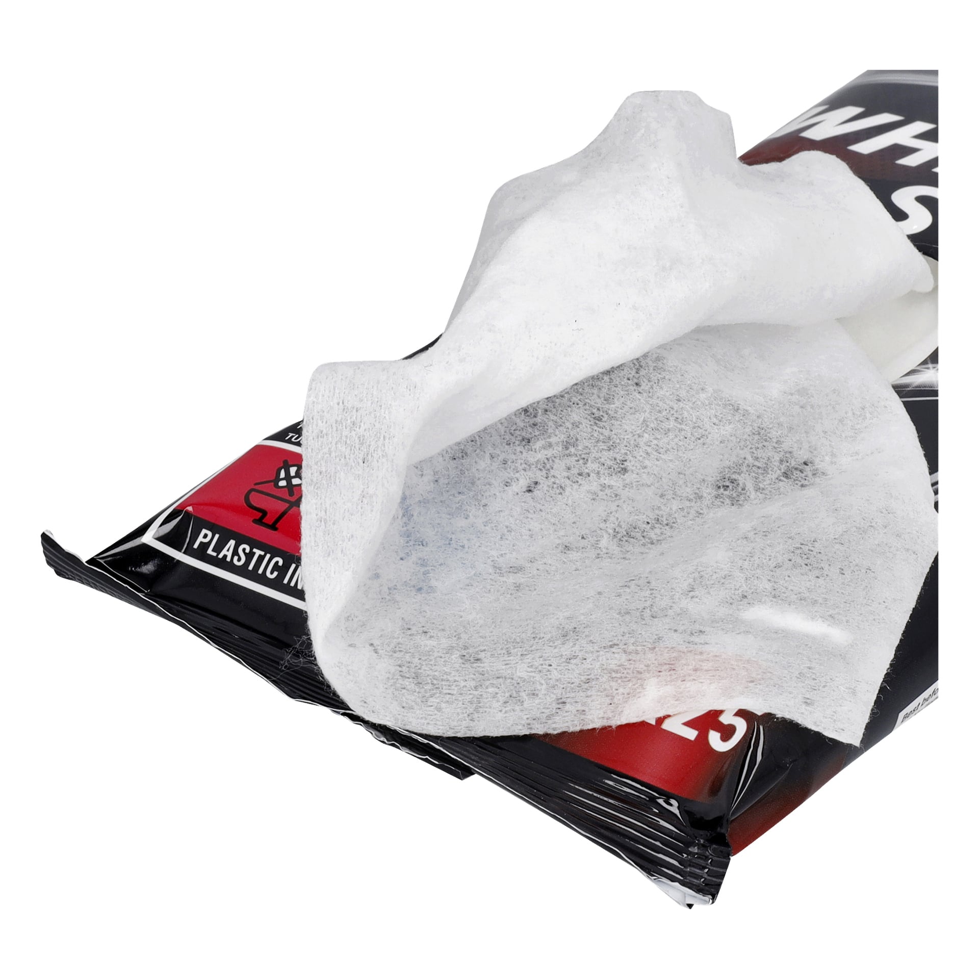 Ett öppet paket Hamron Universal rengöringsdukar, 25-pack, med en vit trasa delvis utdragen. Den mestadels svarta förpackningen har röd och vit text och grafik.