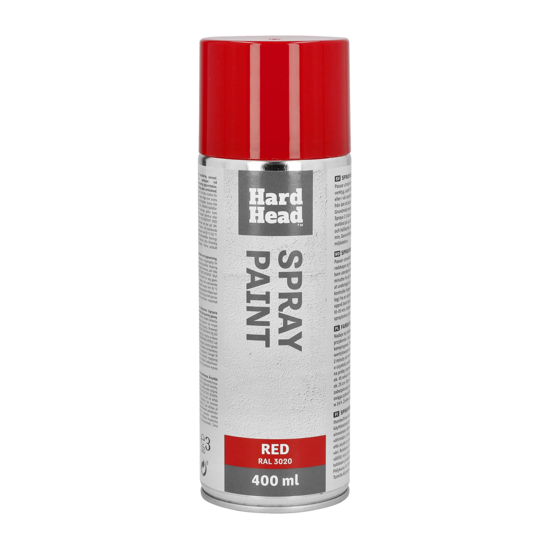 En 400 ml Hard Head spraylackburk med röd lock och en etikett som visar "RED RAL 3020." Etiketten innehåller produktdetaljer och säkerhetsinformation.