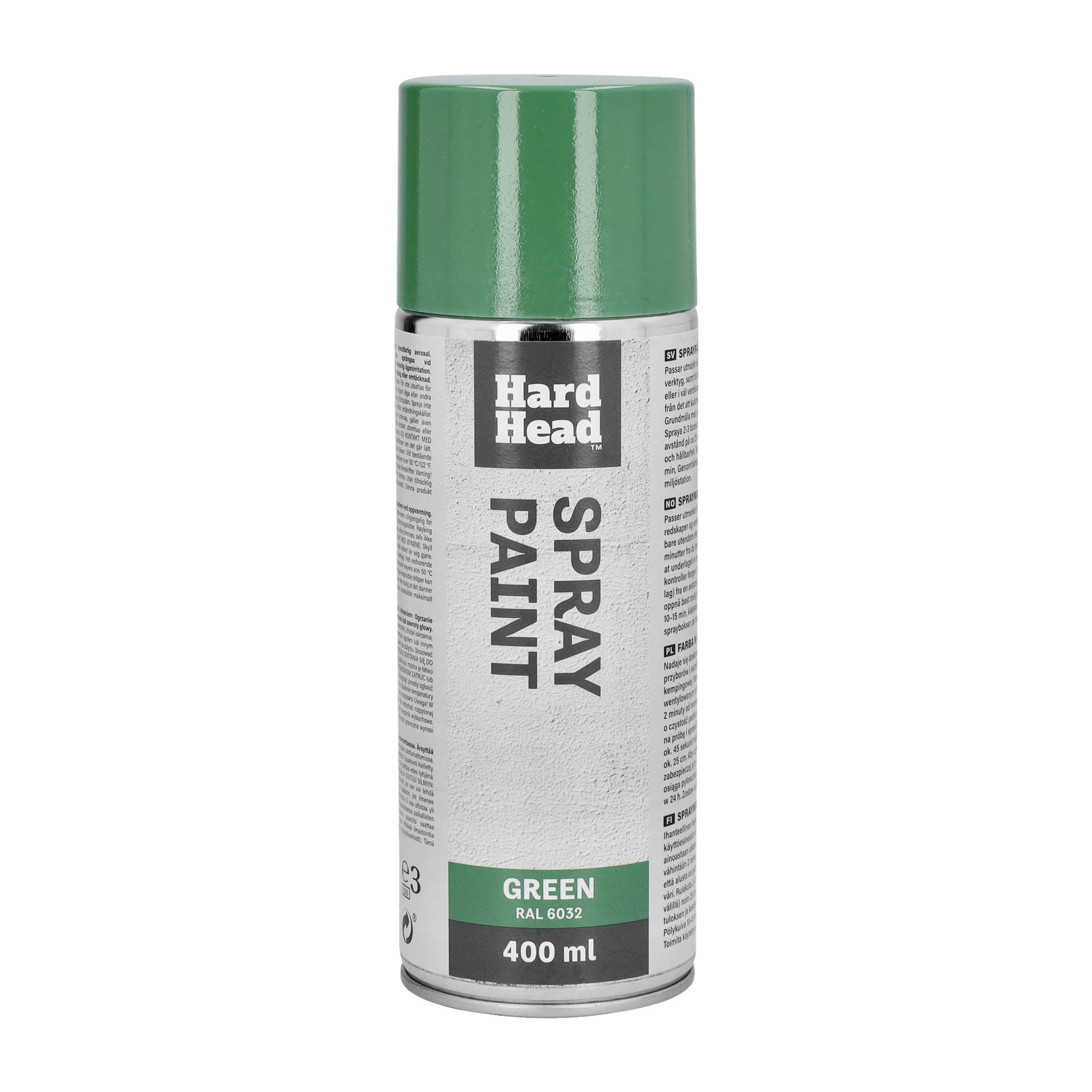 En 400 ml Hard Head spraylackburk med grön lock och en etikett märkt "GREEN RAL 6032." Framsidan visar orden "SPRAY PAINT" som löper vertikalt.
