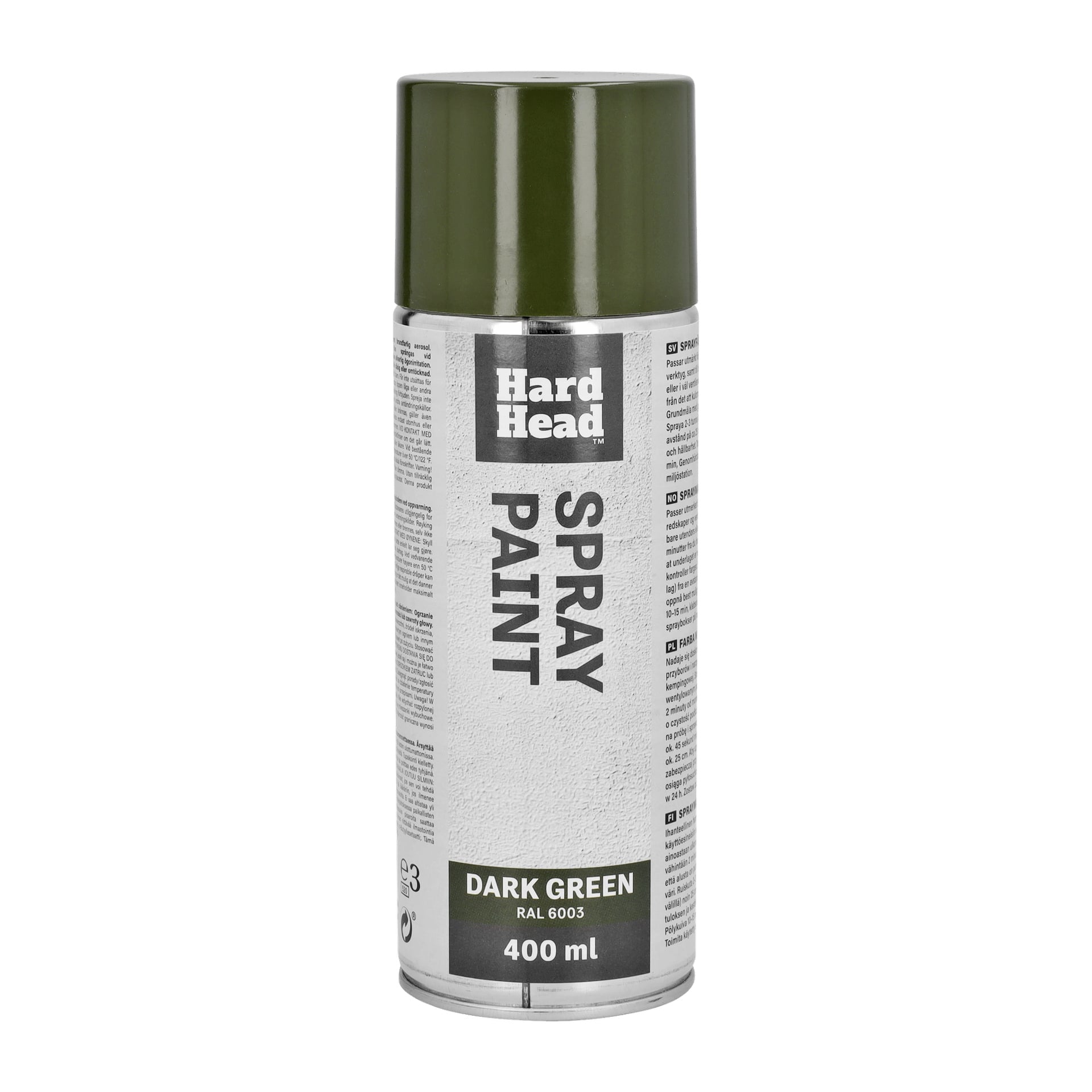 En 400 ml Hard Head sprayburk i mörkgrön RAL 6003, med grön lock och svart text på grå och vit bakgrund.