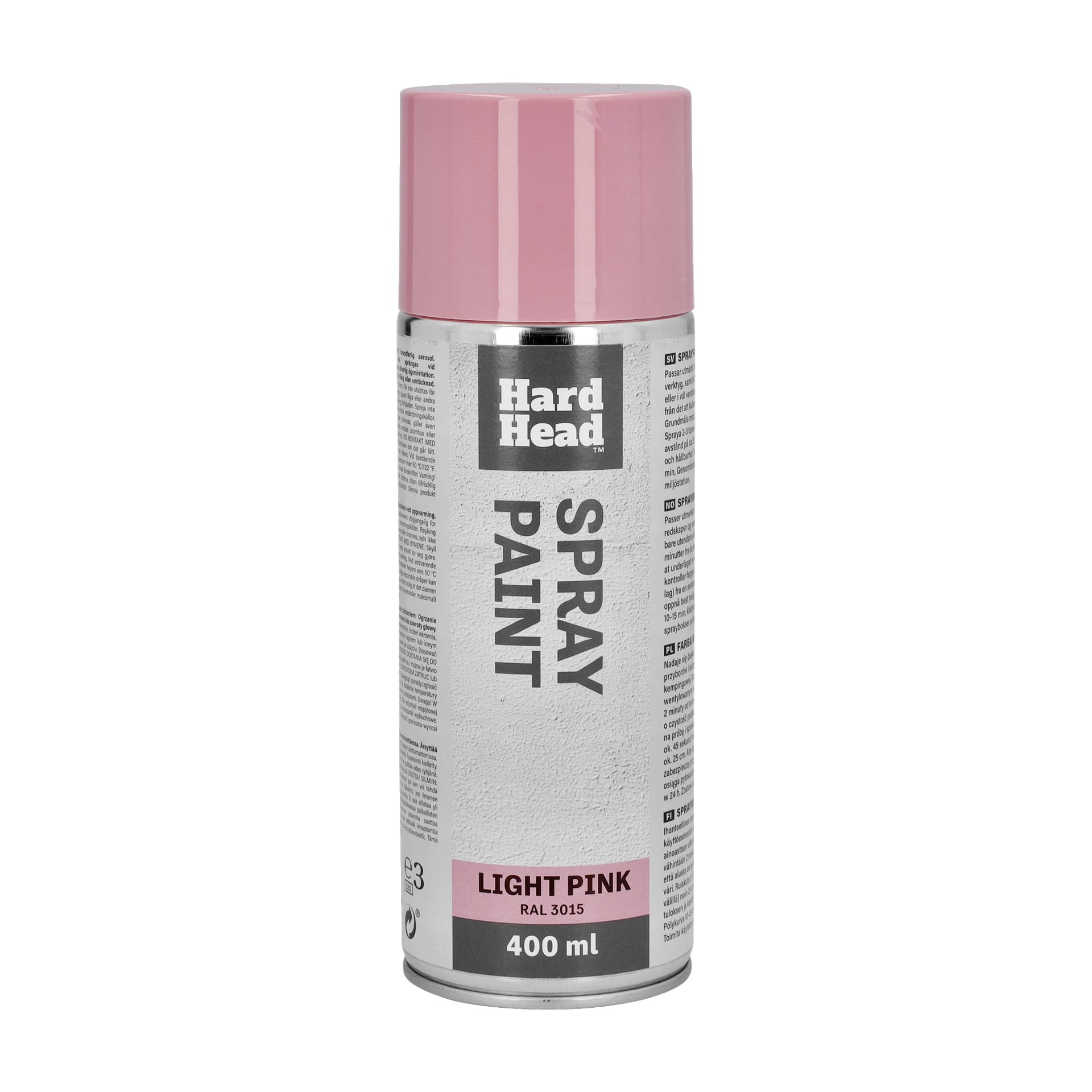 En 400 ml Hard Head spraylackburk med ljusrosa lock och matchande etikett, med texterna "SPRAY PAINT" och "LIGHT PINK RAL 3015" på framsidan, samt fler produktdetaljer längs sidorna.