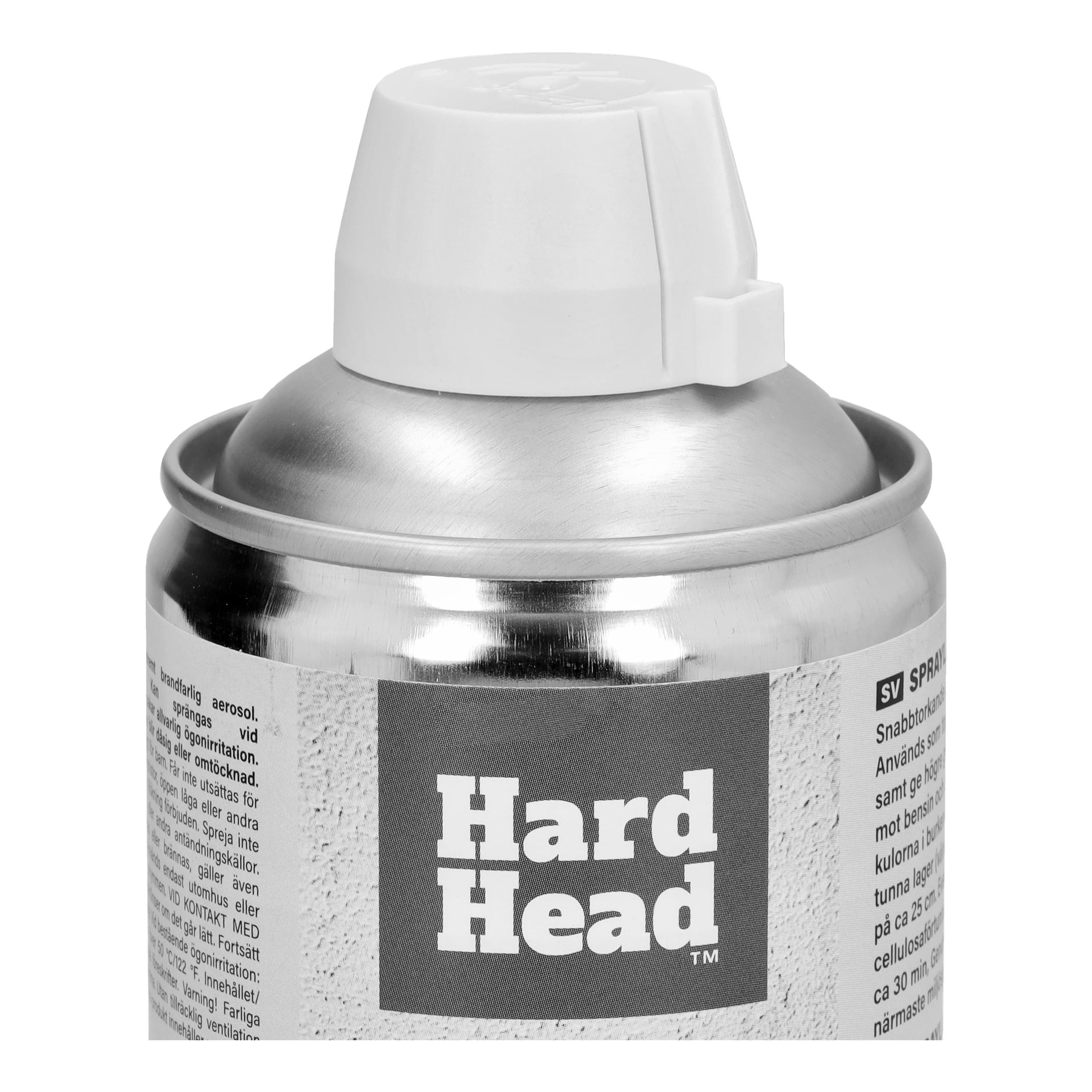 En närbild på en silverfärgad sprayburk från Hard Head, som visar ett vitt lock, det övre munstycket och en del av etiketten med produktinformation.