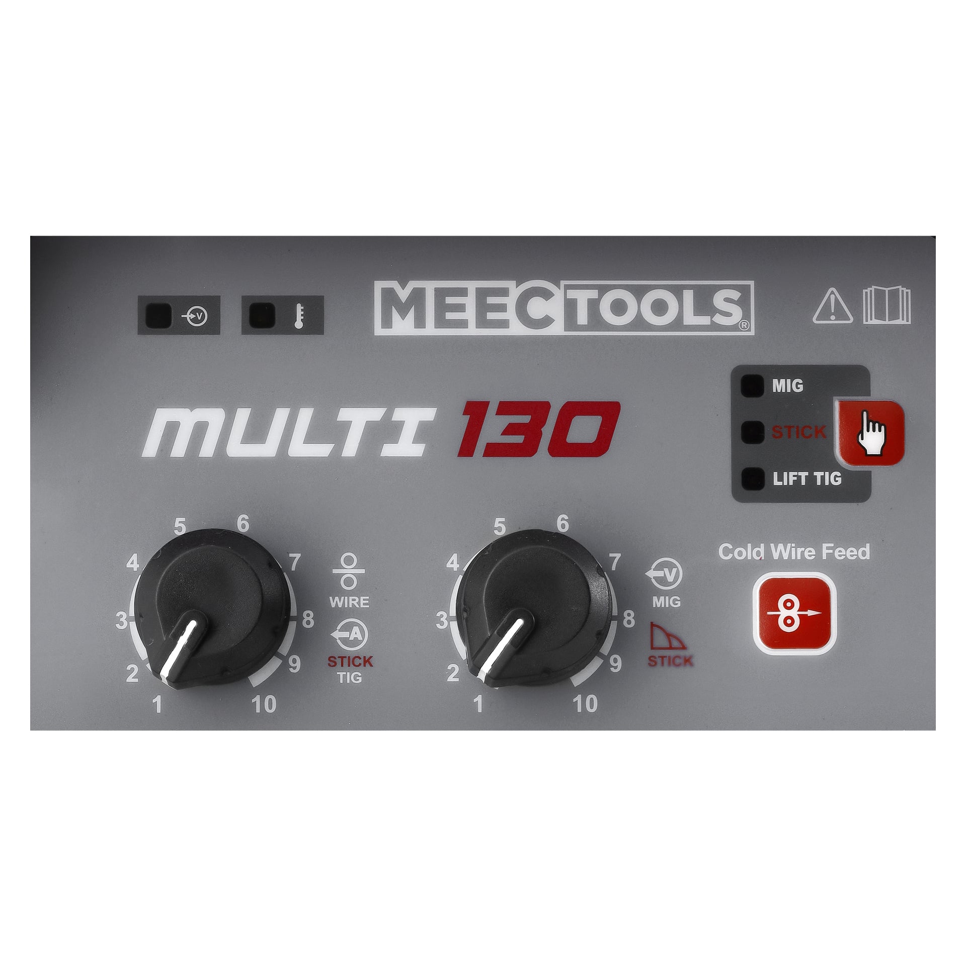 Närbild av kontrollpanelen på en Meec Tools Combination-svetsare MULTI, som visar två justeringsrattar, knappar för att välja MIG, Stick och Lift TIG-svetslägen, plus en Cold Wire Feed-knapp. Olika indikatoretiketter och infattningsmarkeringar är synliga.