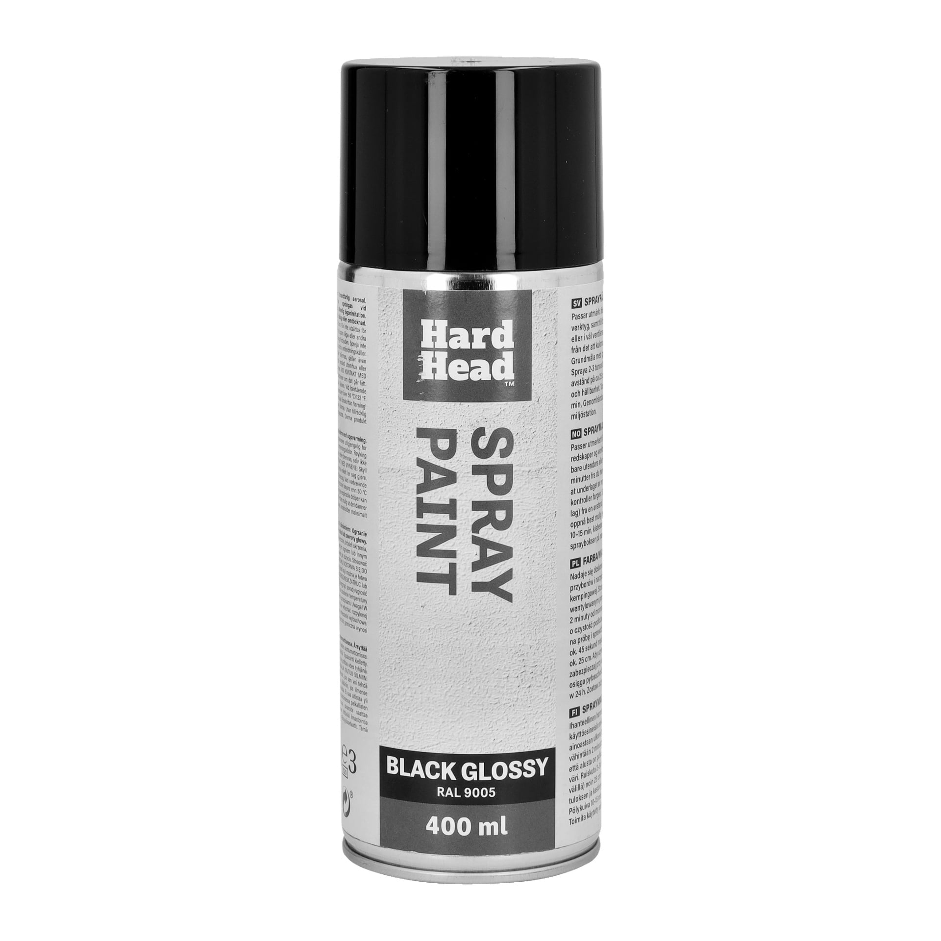 En 400 ml Hard Head sprayburk med svart lock. Etiketten säger "SPRAYFÄRG, SVART BLANK RAL 9005," med instruktioner och andra detaljer synliga på sidorna.