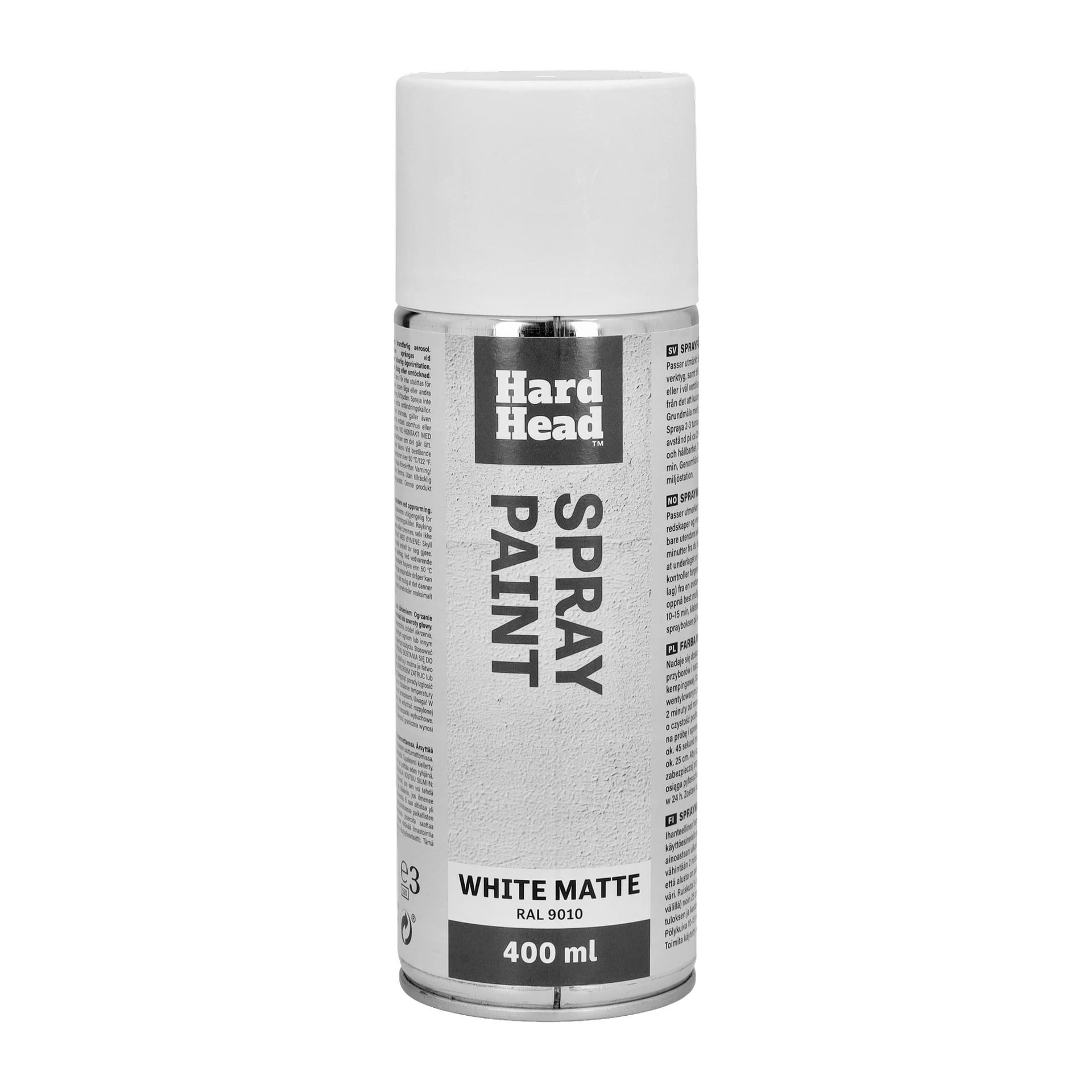 En 400 ml Hard Head sprayfärgsburk i matt vitt (RAL 9010), med silverfärgad kropp, vit lock och detaljer som produktinformation och användningsanvisningar tryckta på sidorna.