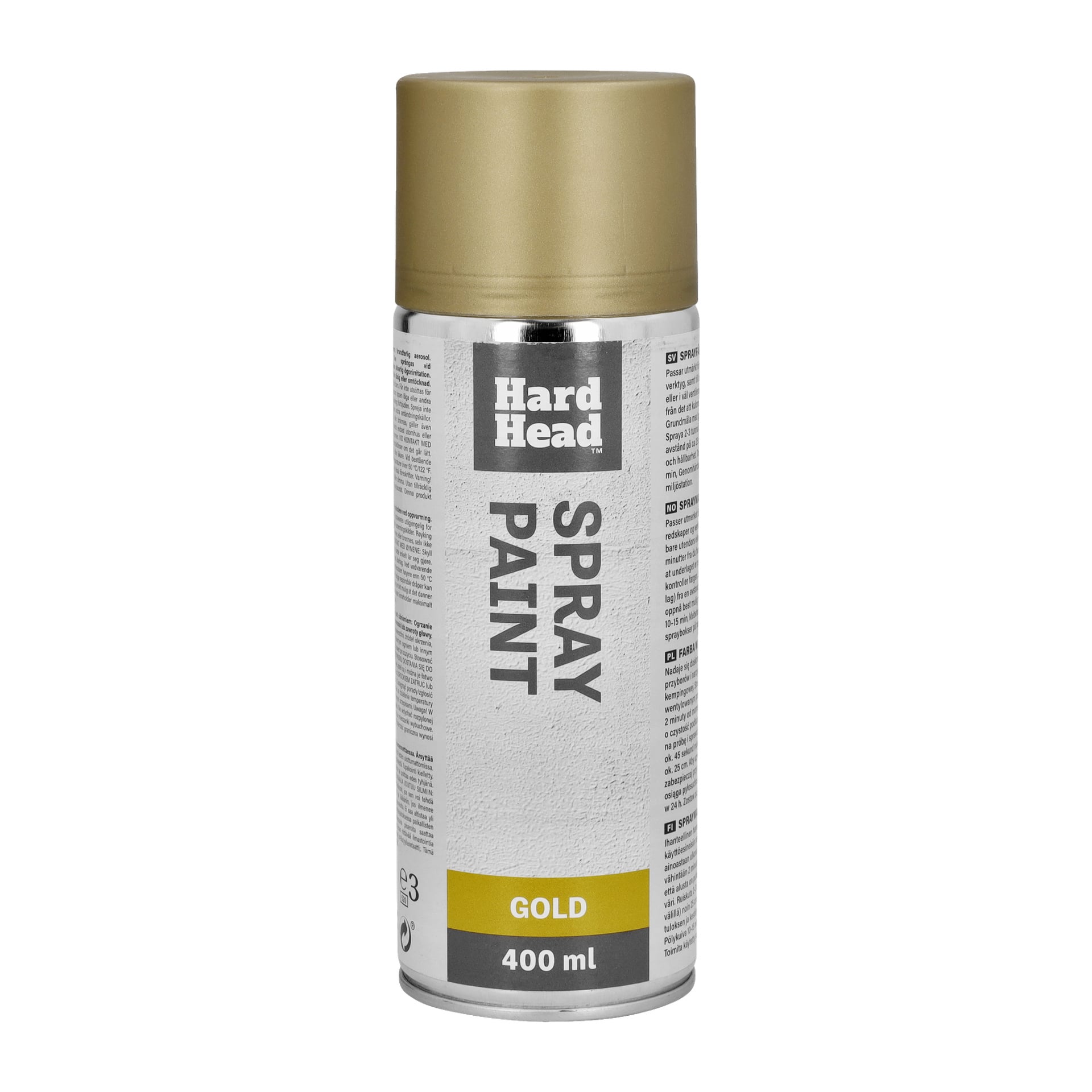 En 400 ml burk Hard Head Spray Paint med guldlock och etikett. Etiketten visar produktdetaljer och användningsanvisningar.