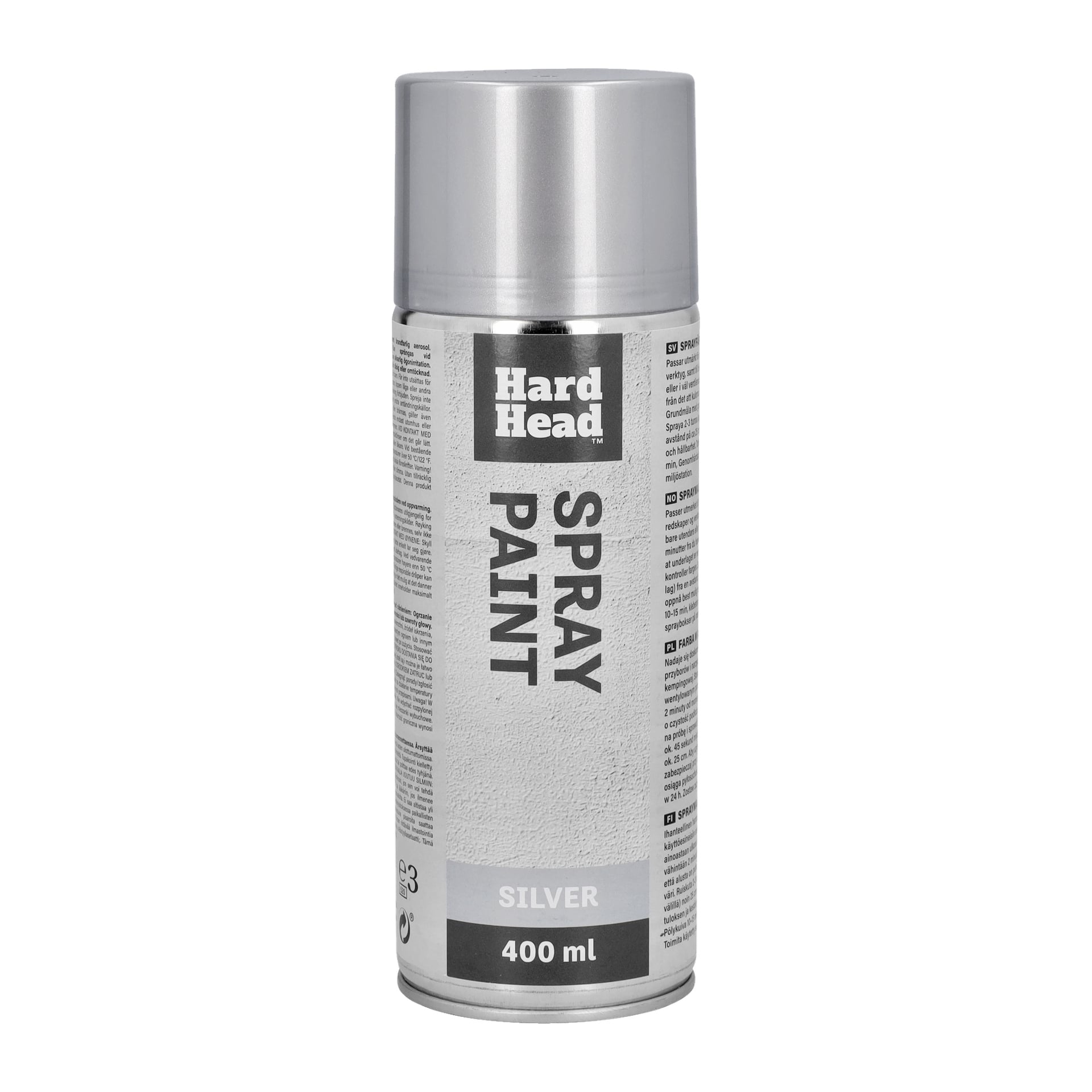 En 400 ml burk Hard Head Spray Paint i silver med grå lock och en etikett som visar produktdetaljer, varumärke och användningsanvisningar.