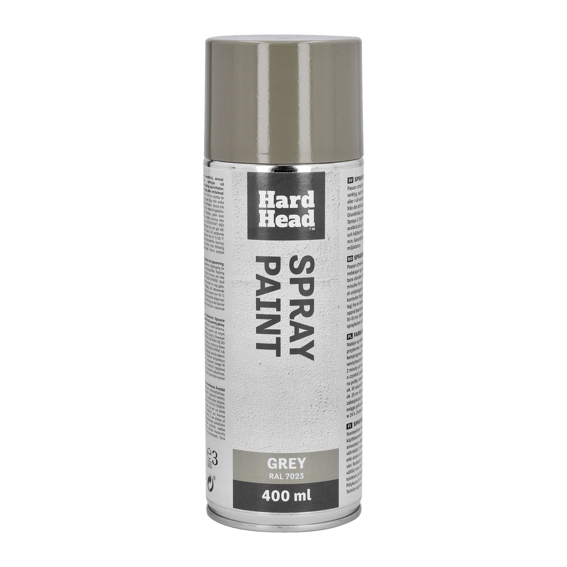 En 400 ml Hard Head spraylackburk i GRÅ RAL 7025 med ett grått lock, "SPRAY PAINT" skrivet på etiketten, tillsammans med detaljerade användningsanvisningar.