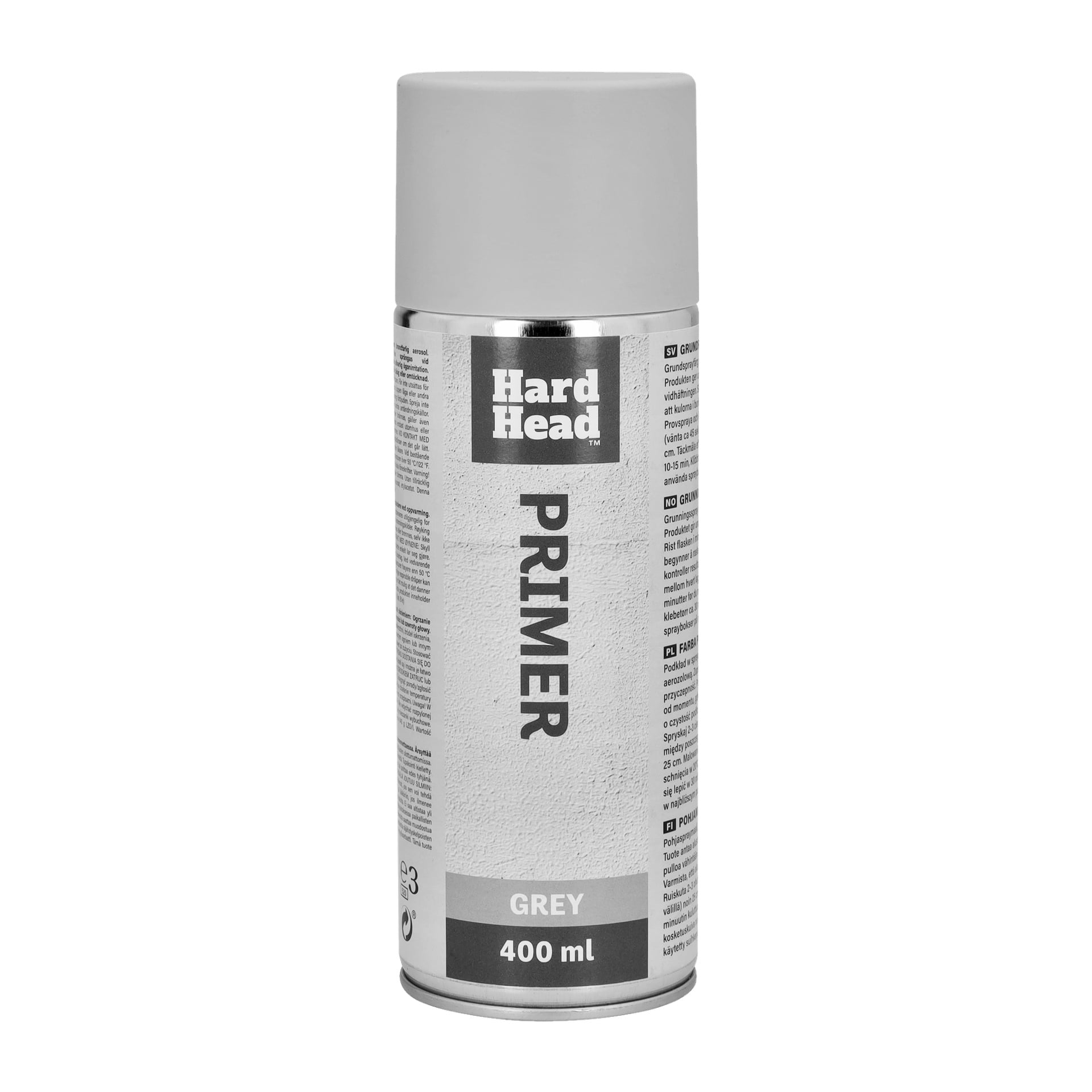 En 400 ml Hard Head Primer-sprayburk står upprätt och visar en grå etikett med varumärket "PRIMER" och produktinformation i svartvitt.