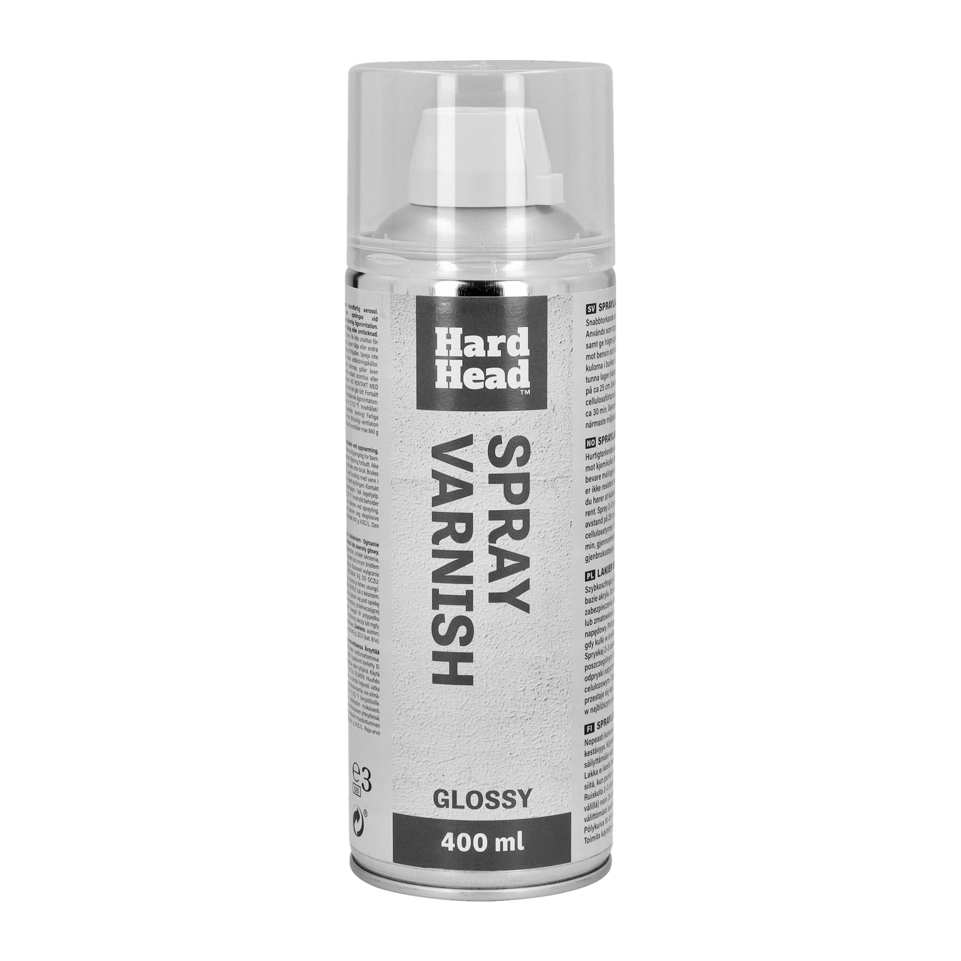En 400 ml Hard Head Spray Lack-burk med glansig finish, silverfärgad kropp och genomskinlig plastlock. Etiketten visar produktdetaljer.