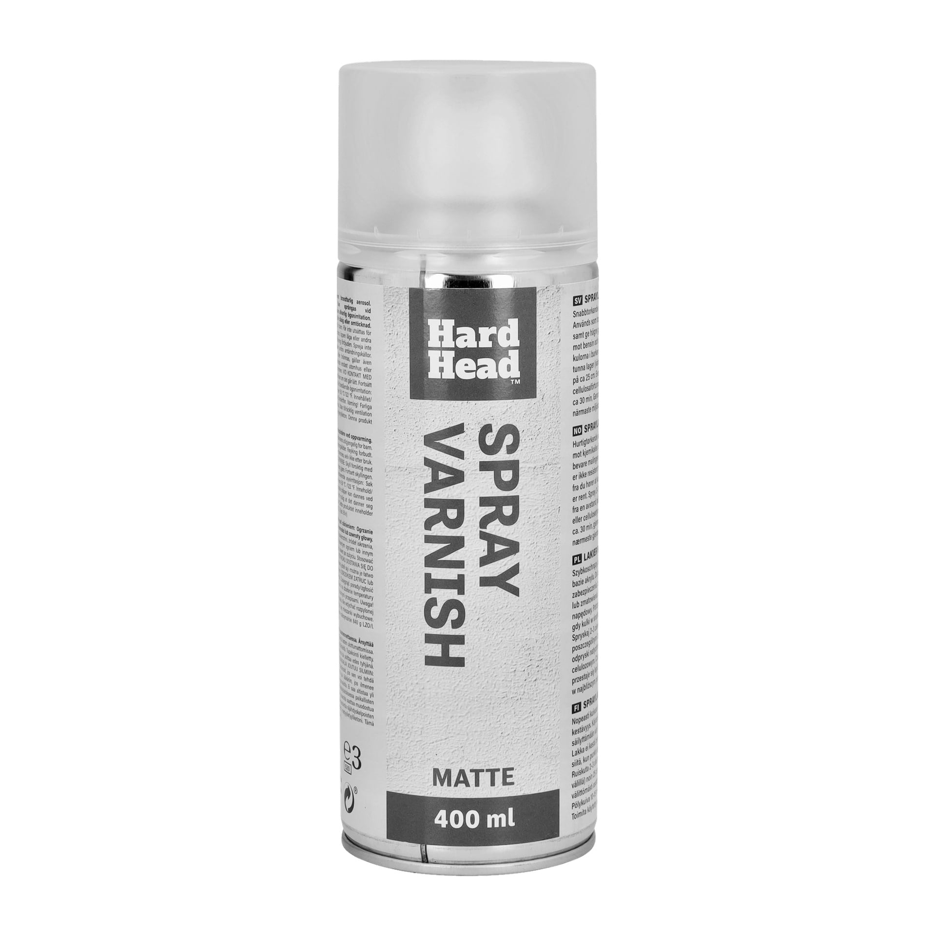 En 400 ml burk Hard Head Spray Varnish med matt finish har en huvudsakligen vit och grå etikett, som visar produktnamnet både vertikalt och horisontellt på framsidan.