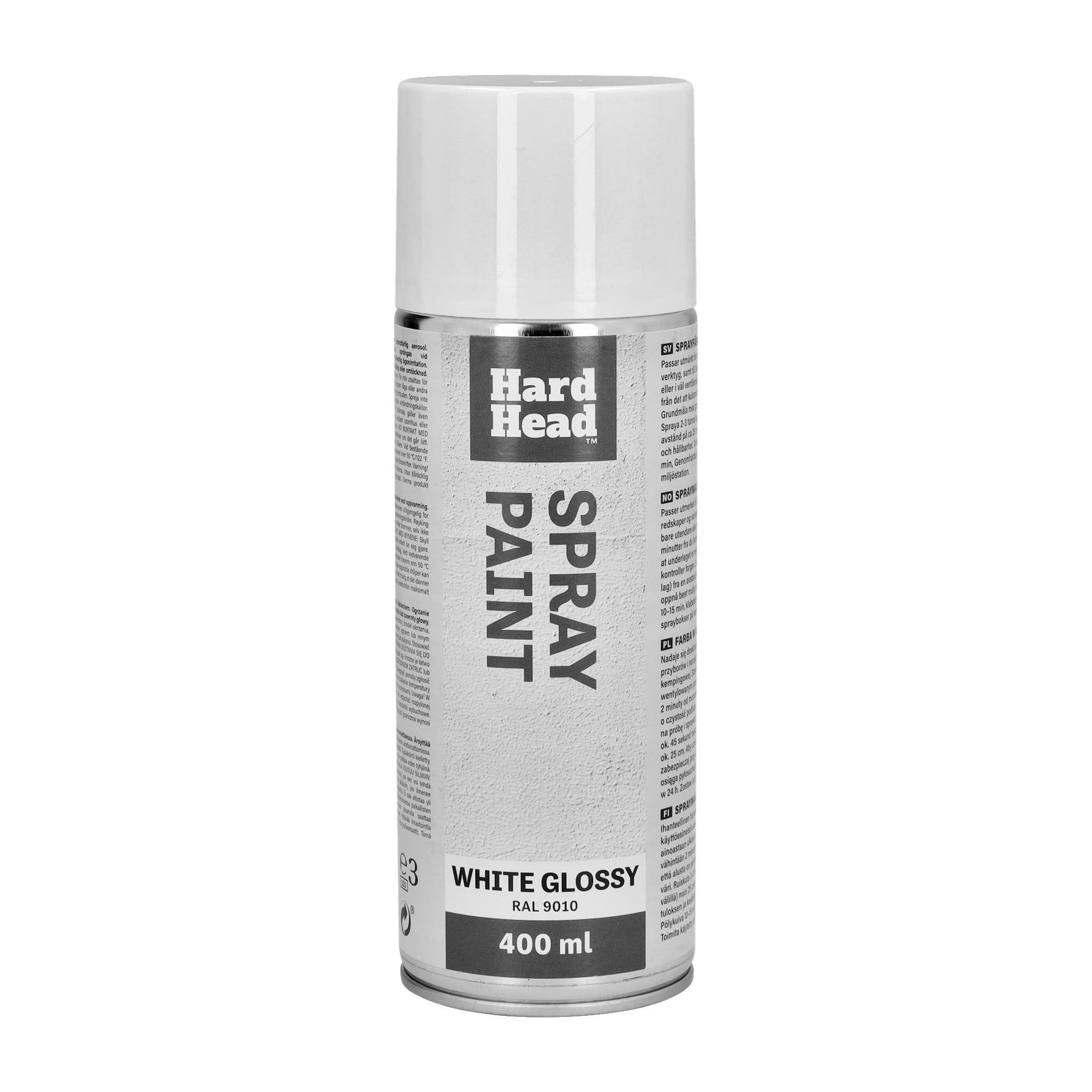 En 400 ml burk Hard Head sprayfärg i vitt med blank finish står upprätt. Etiketten visar varumärket "Hard Head" och produktinformation i svart och grå text.