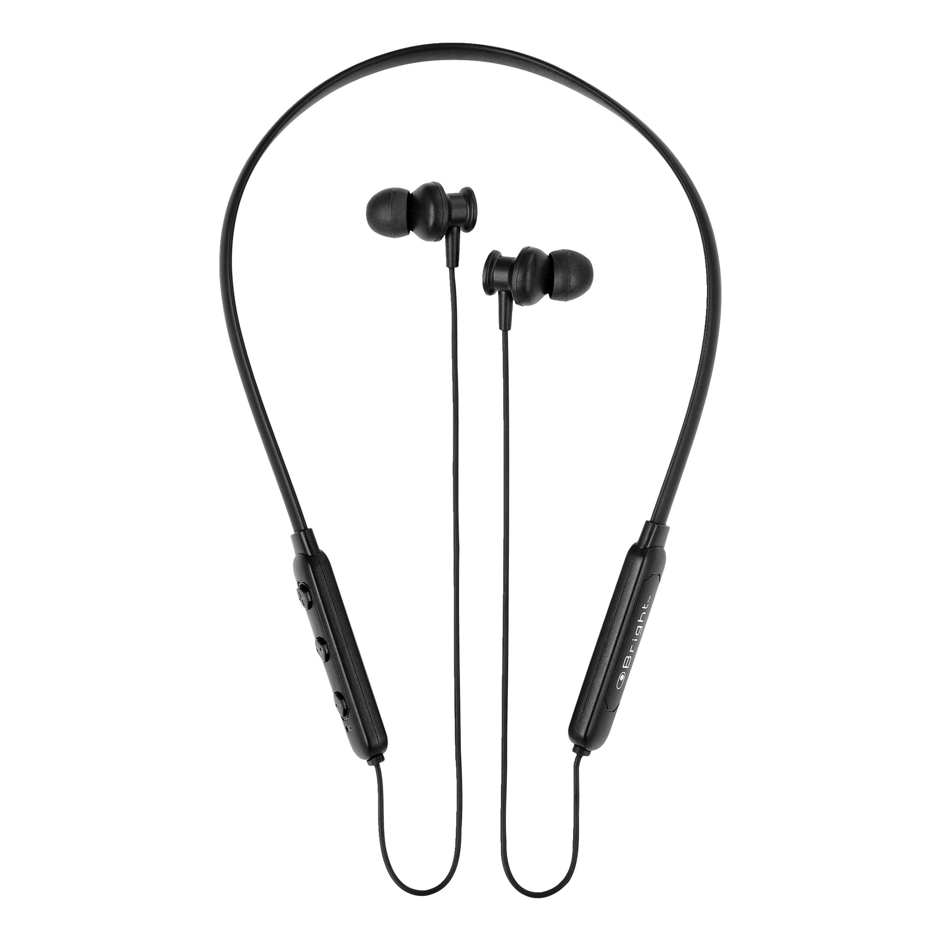 Bright-märket trådlösa in-ear-hörlurar med ett smalt svart halsband, utrustade med Bluetooth och integrerade kontroller på vänster sida. Tunna trådar kopplar hörlurarna till halsbandet.