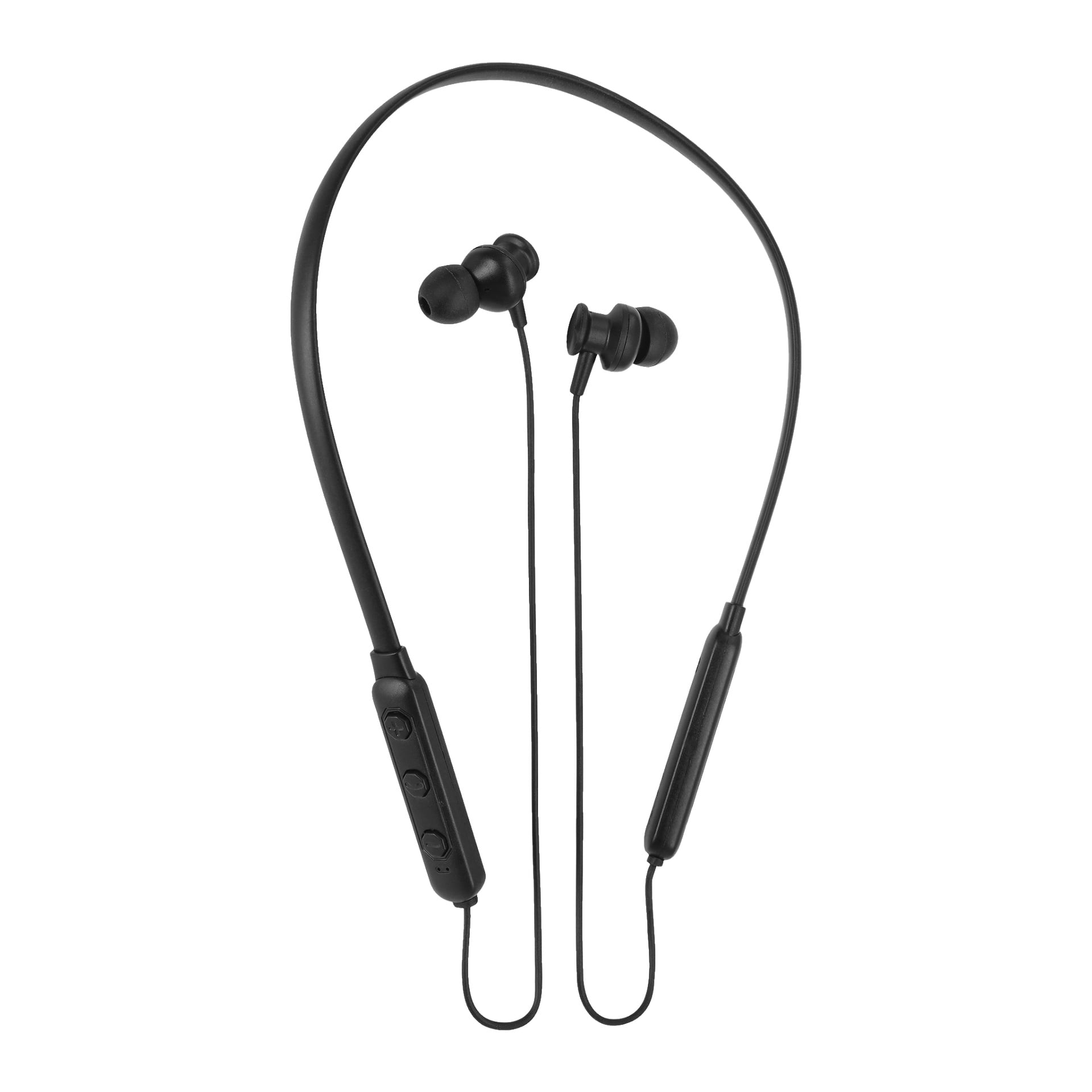 Färgstarka trådlösa in-ear-hörlurar med halsbandsdesign, som visar svarta hörlurar kopplade med smala kablar och en inline-kontroll med tre knappar.