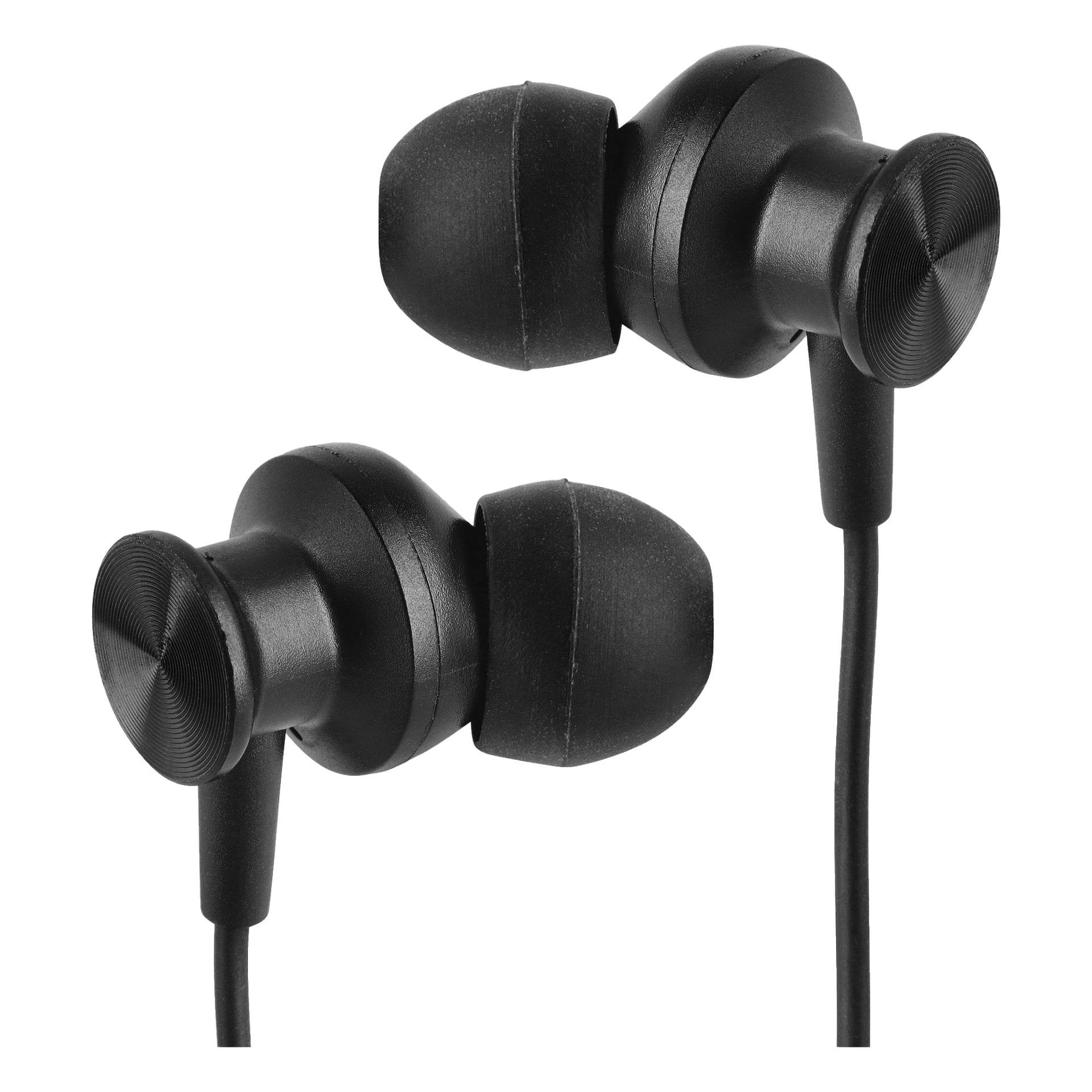 Ett par Bright trådlösa in-ear-hörlurar med halsband visas. Hörlurarna har silikontoppar och en slank cylindrisk form, sammanfogade med halsbandet.