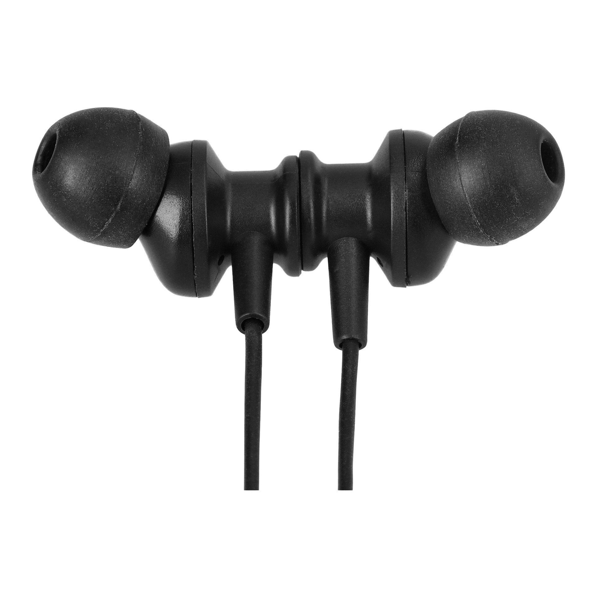Närbild på Bright trådlösa in-ear-hörlurar med ett halsband, där båda öronsnäckorna är placerade bredvid varandra och halsbandet och kablarna hänger nedåt.