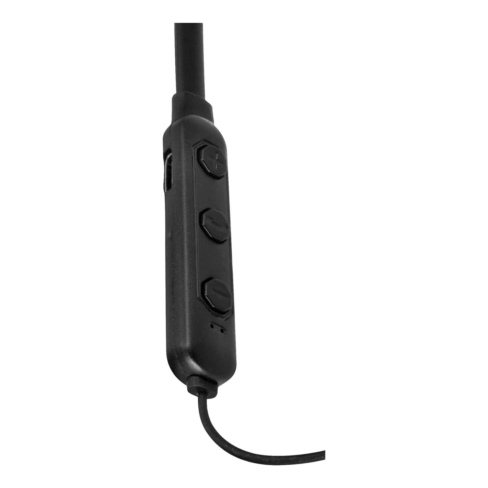 Närbild av Bright trådlösa in-ear-hörlurar med halsband, där en svart in-line-fjärrkontroll är inbyggd i kabeln. Fjärrkontrollens plastska inkluderar tre upphöjda knappar för att justera volymen och styra uppspelningen, samt ett litet hål som troligen fungerar som mikrofon eller indikatorlampa.