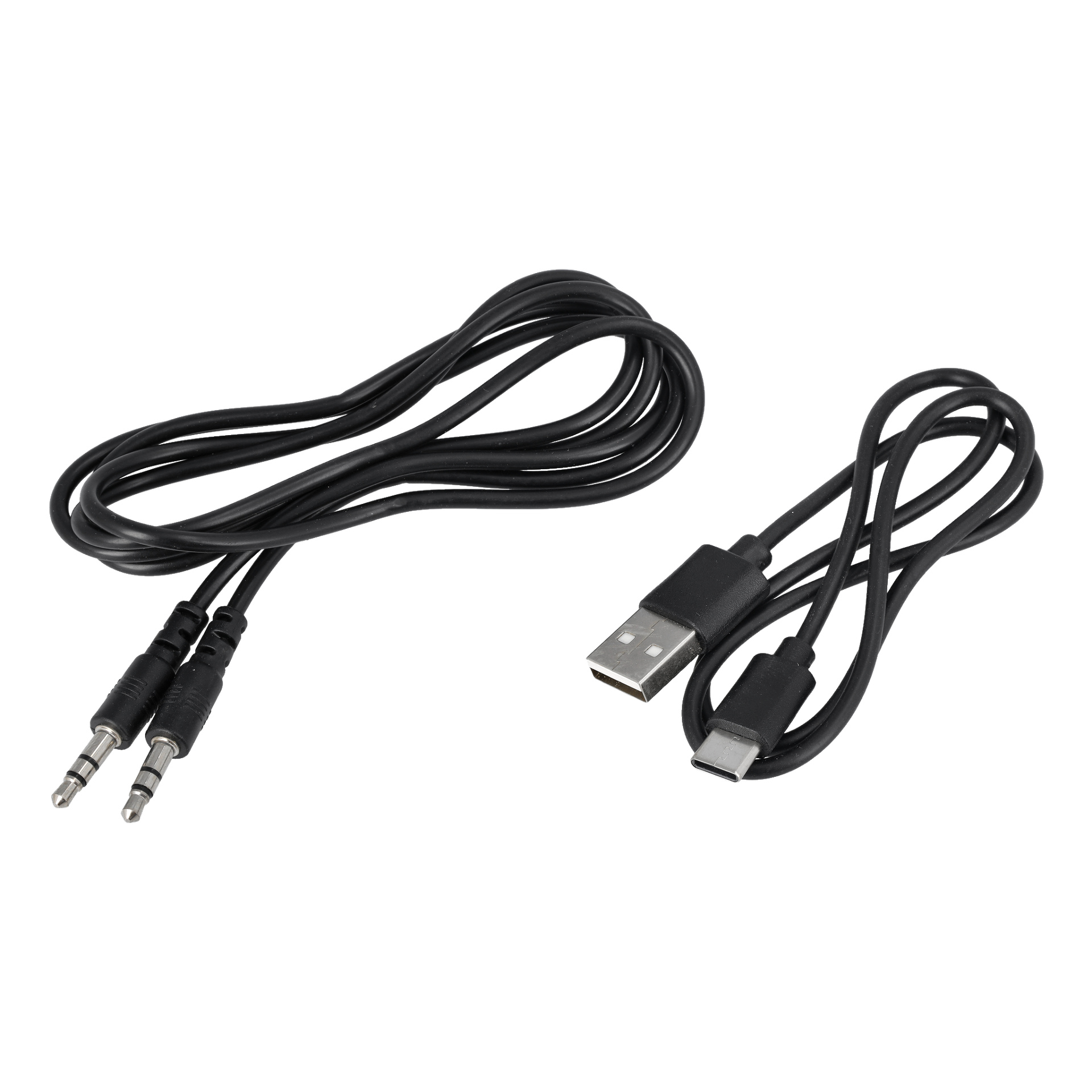Två svarta kablar designade för Bright Wireless on-ear hörlurar är lindade: en kabel har 3,5 mm ljuduttag i båda ändar, och den andra kopplar USB-A till USB-C.