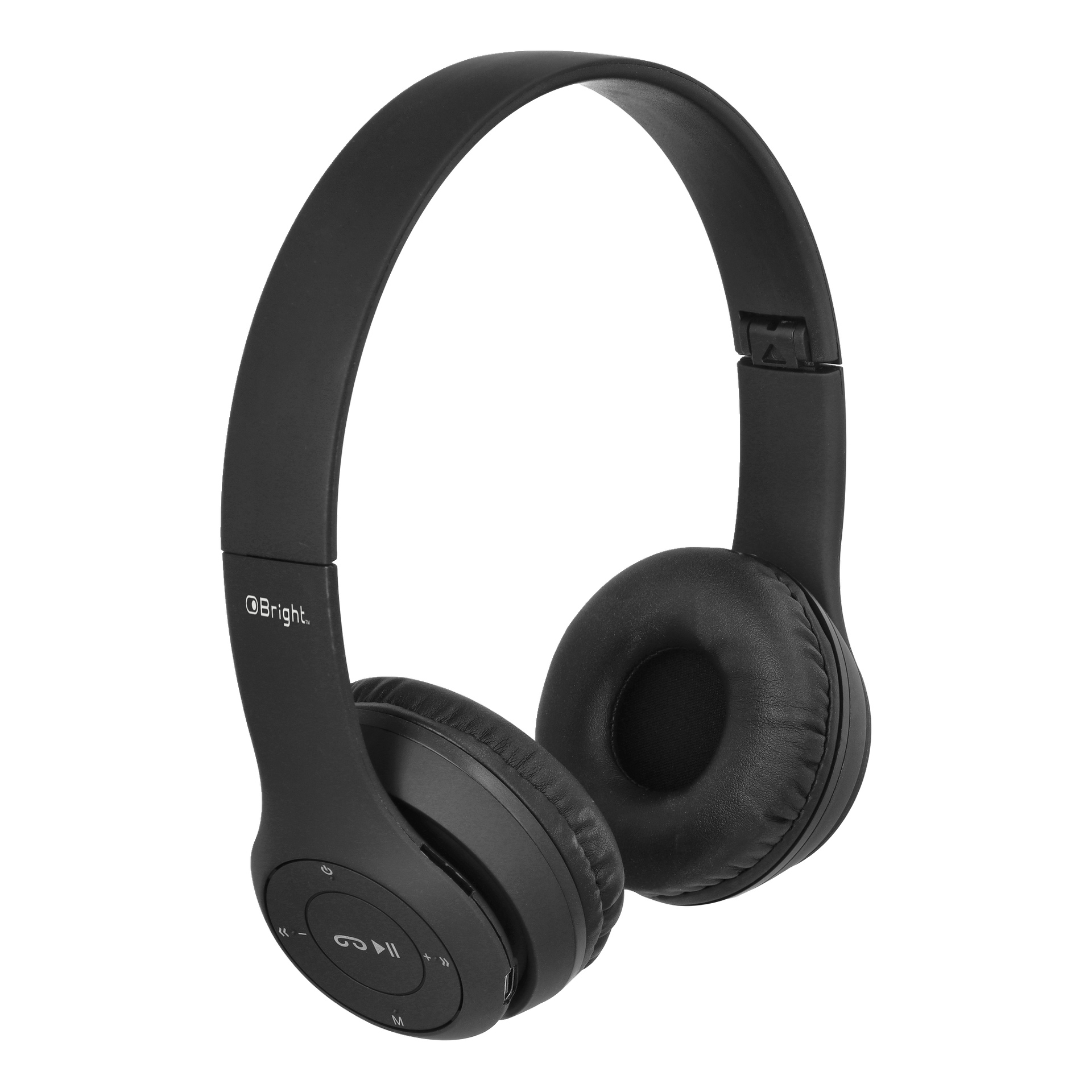 Black Bright Wireless on-ear hörlurar med mjuka vadderade öronkåpor, justerbart huvudband och lättillgängliga kontrollknappar på vänster sida för volym, hoppa över spår, spela upp eller pausa ljud samt ström. Ordet "Bright" finns på hörlurarna.